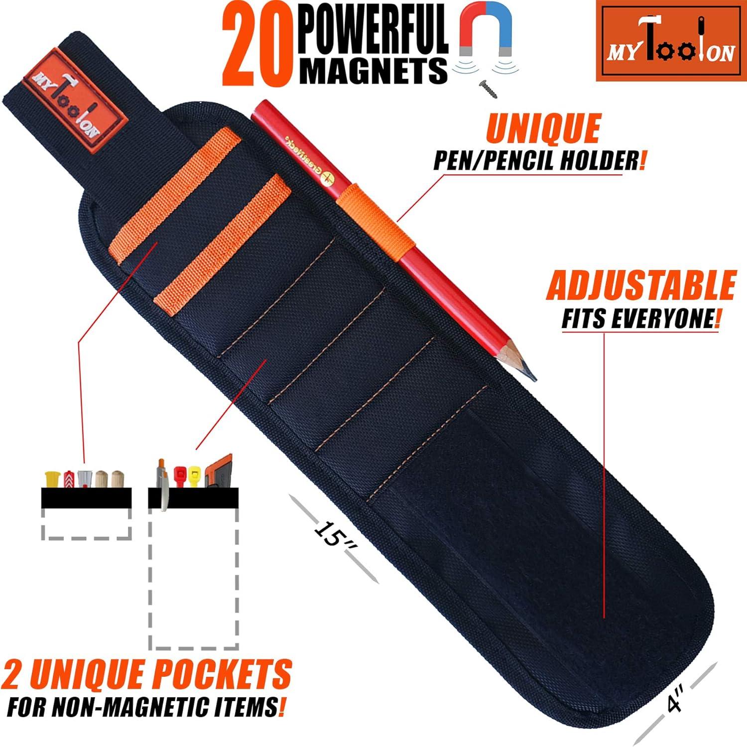 Pulsera Magnética MYTOOLON con 20 Imanes y 2 Bolsillos - Negro