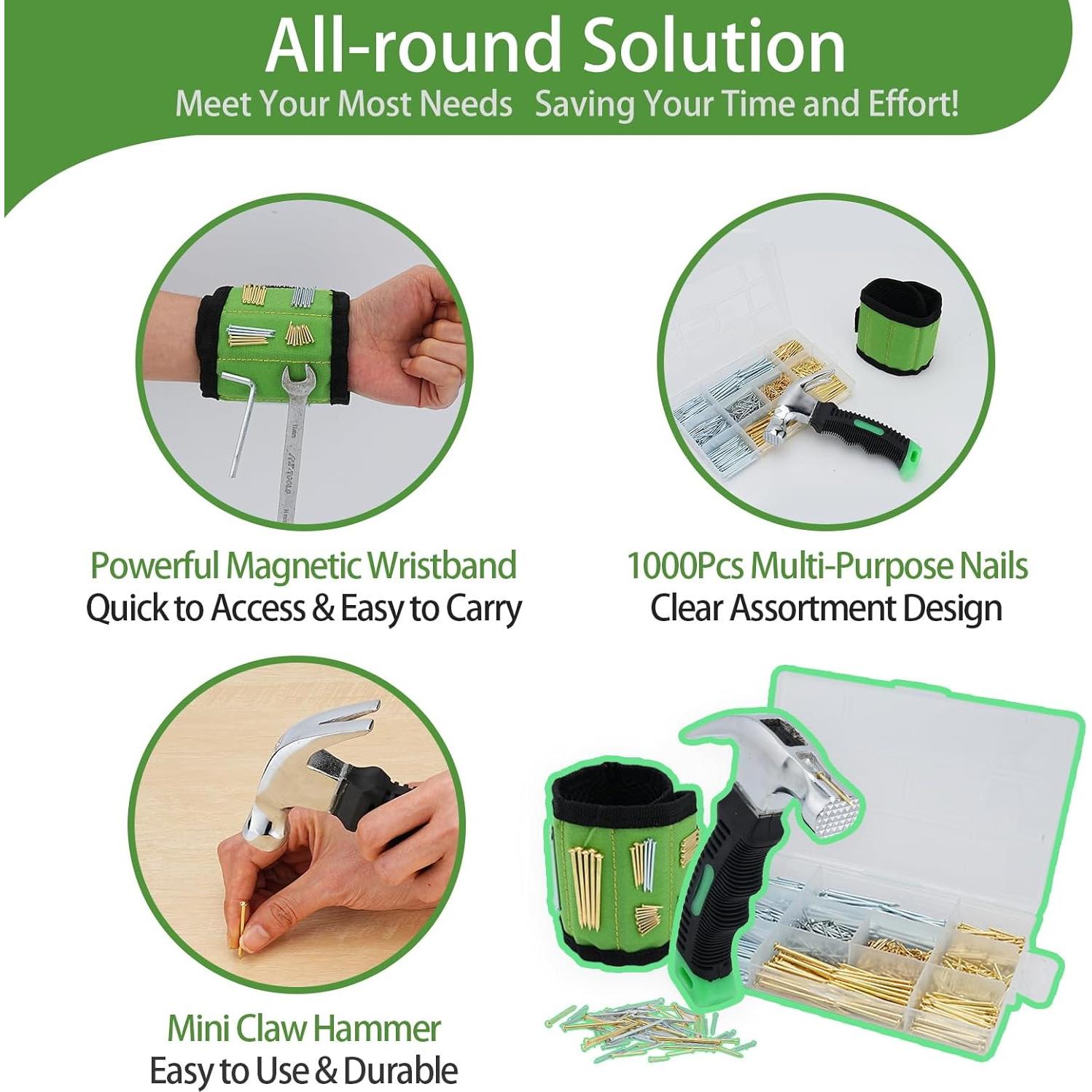 Kit de Clavos TOYIEW 1002 Piezas con Martillo y Muñequera