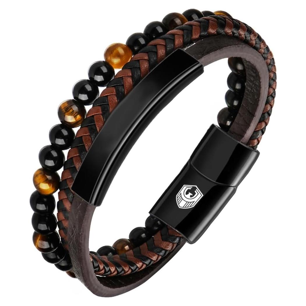 Pulsera de Cuero Trenzada para Hombres con Perlas de Lava y Ónix