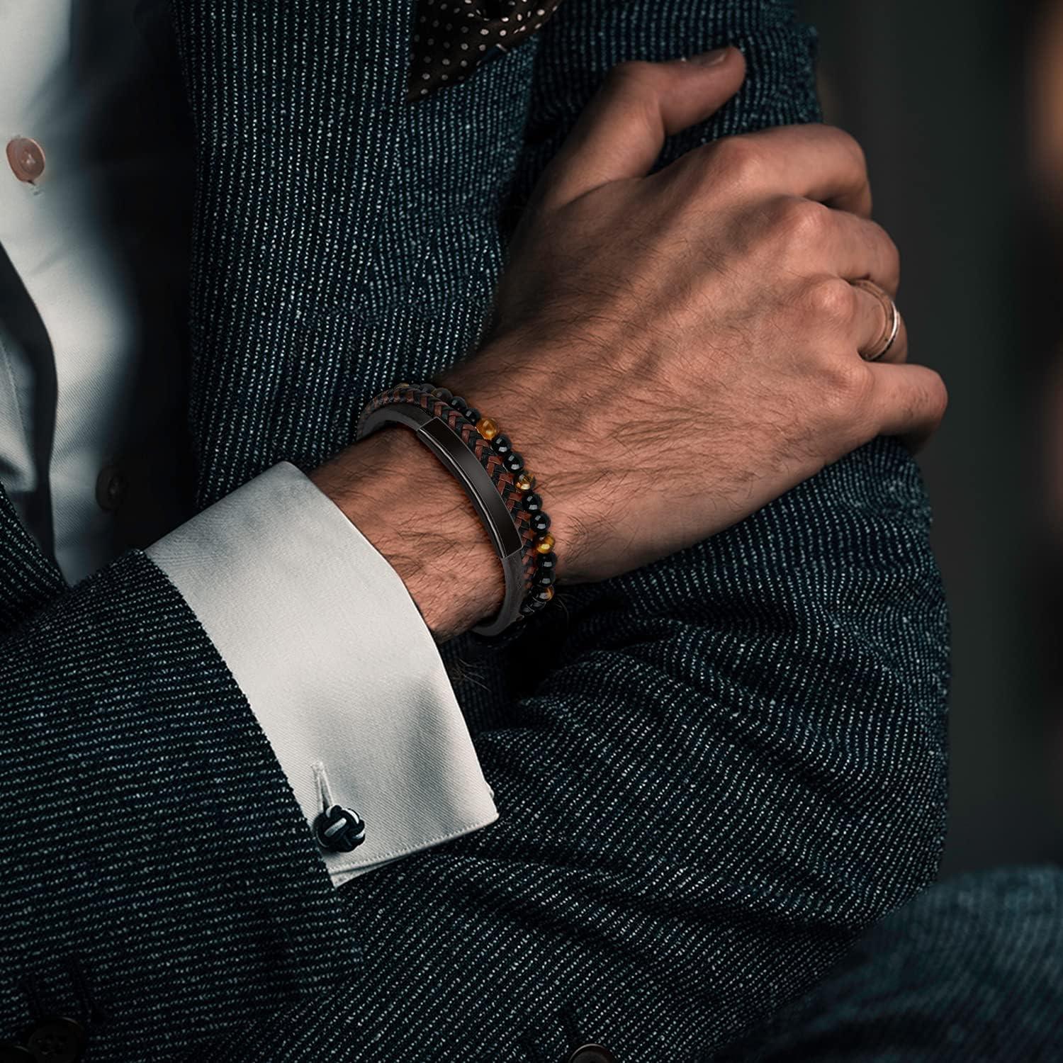 Pulsera de Cuero Trenzada para Hombres con Perlas de Lava y Ónix