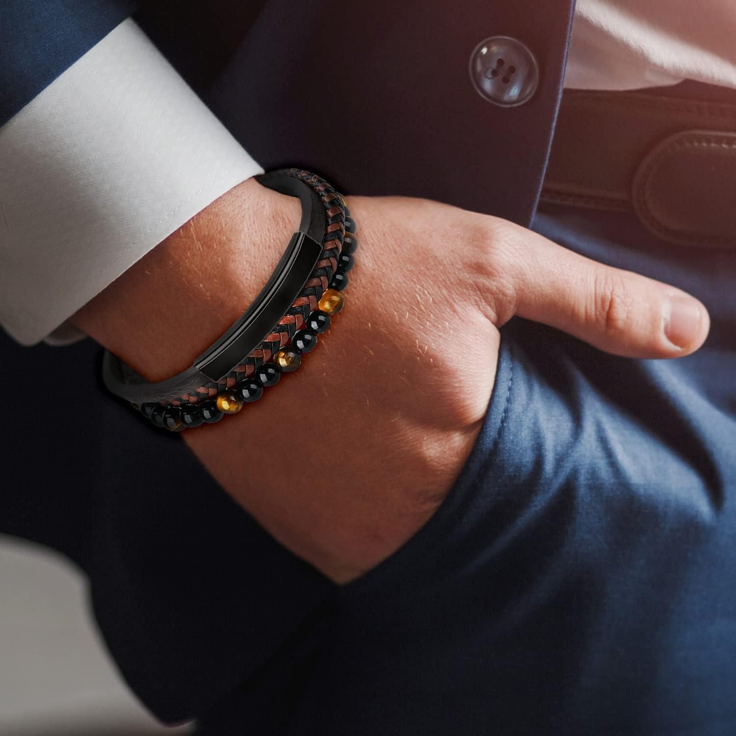 Pulsera de Cuero Trenzada para Hombres con Perlas de Lava y Ónix