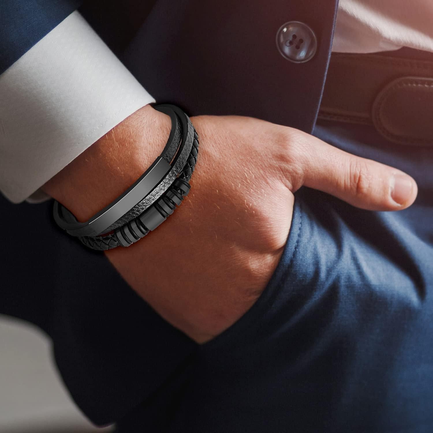 Pulsera de Cuero Trenzado para Hombres con Cierre Magnético 20 cm