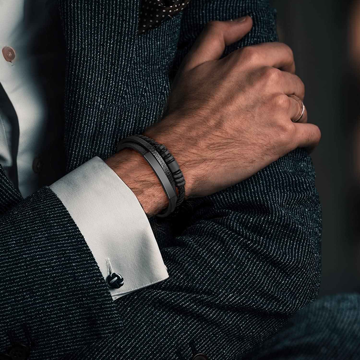 Pulsera de Cuero Trenzado para Hombres con Cierre Magnético 20 cm