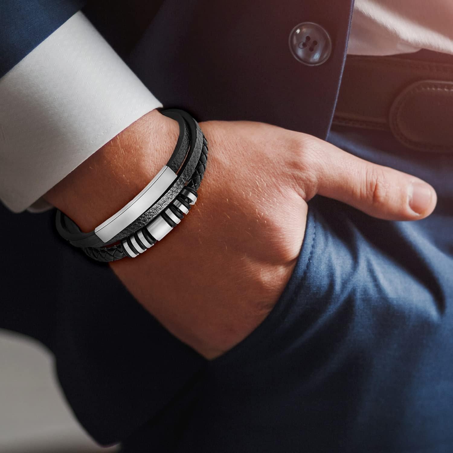 Pulsera de Cuero Trenzado para Hombres con Cierre Magnético 20.1 cm