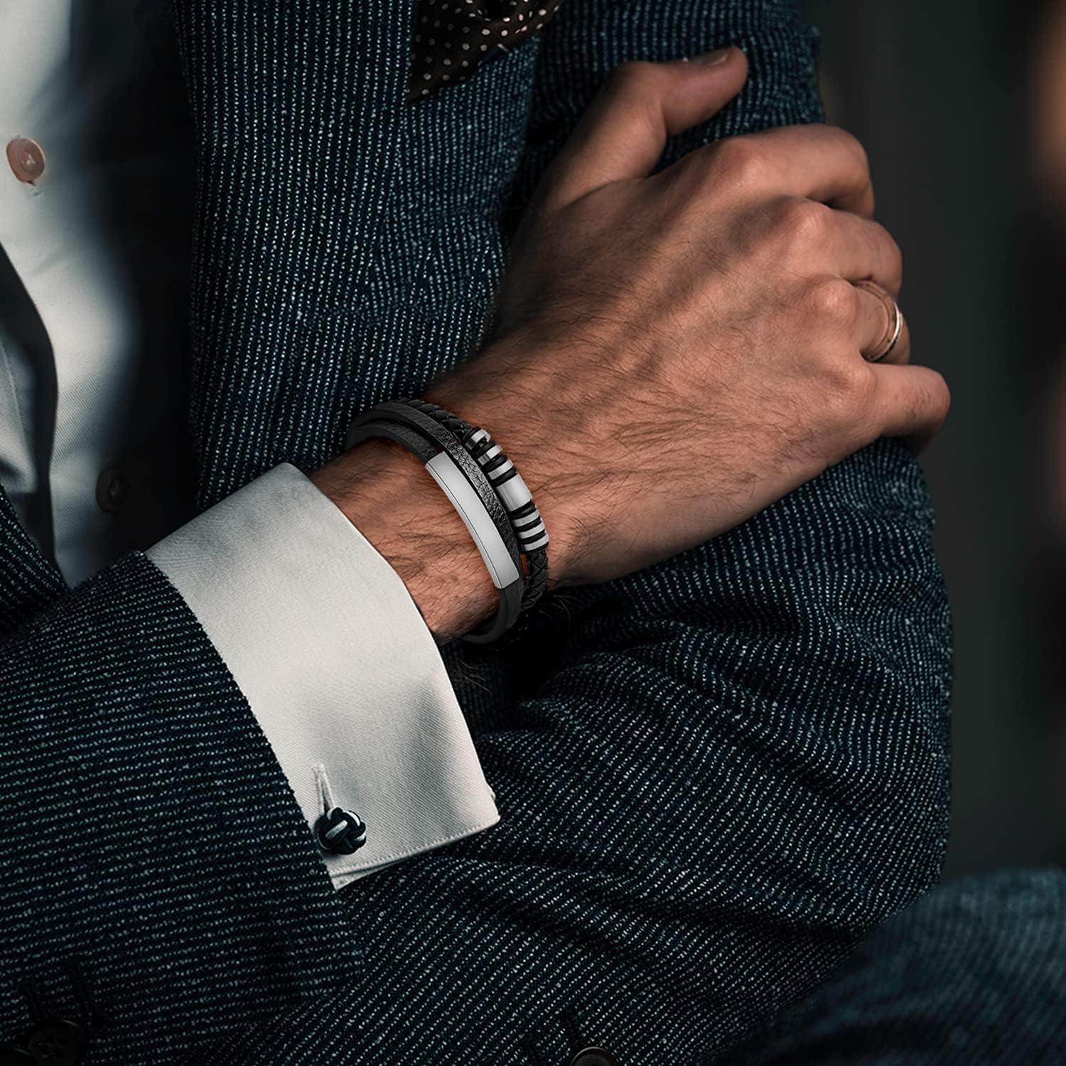 Pulsera de Cuero Trenzado para Hombres con Cierre Magnético 20.1 cm