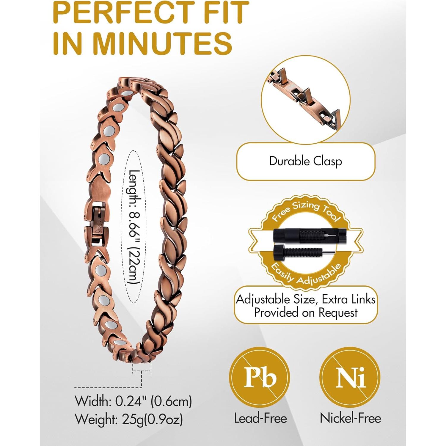 Pulsera Magnética de Cobre Puro Feraco Unisex 8mm 3500 Gauss