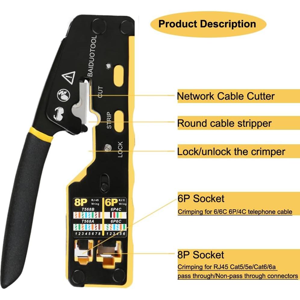 Kit Crimpadora RJ45 Pasante BAIDUOTOOL con Probador y Conectores