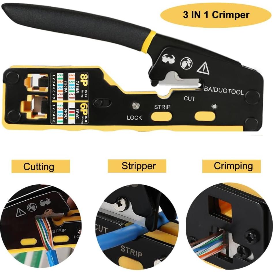 Kit Crimpadora RJ45 Pasante BAIDUOTOOL con Probador y Conectores