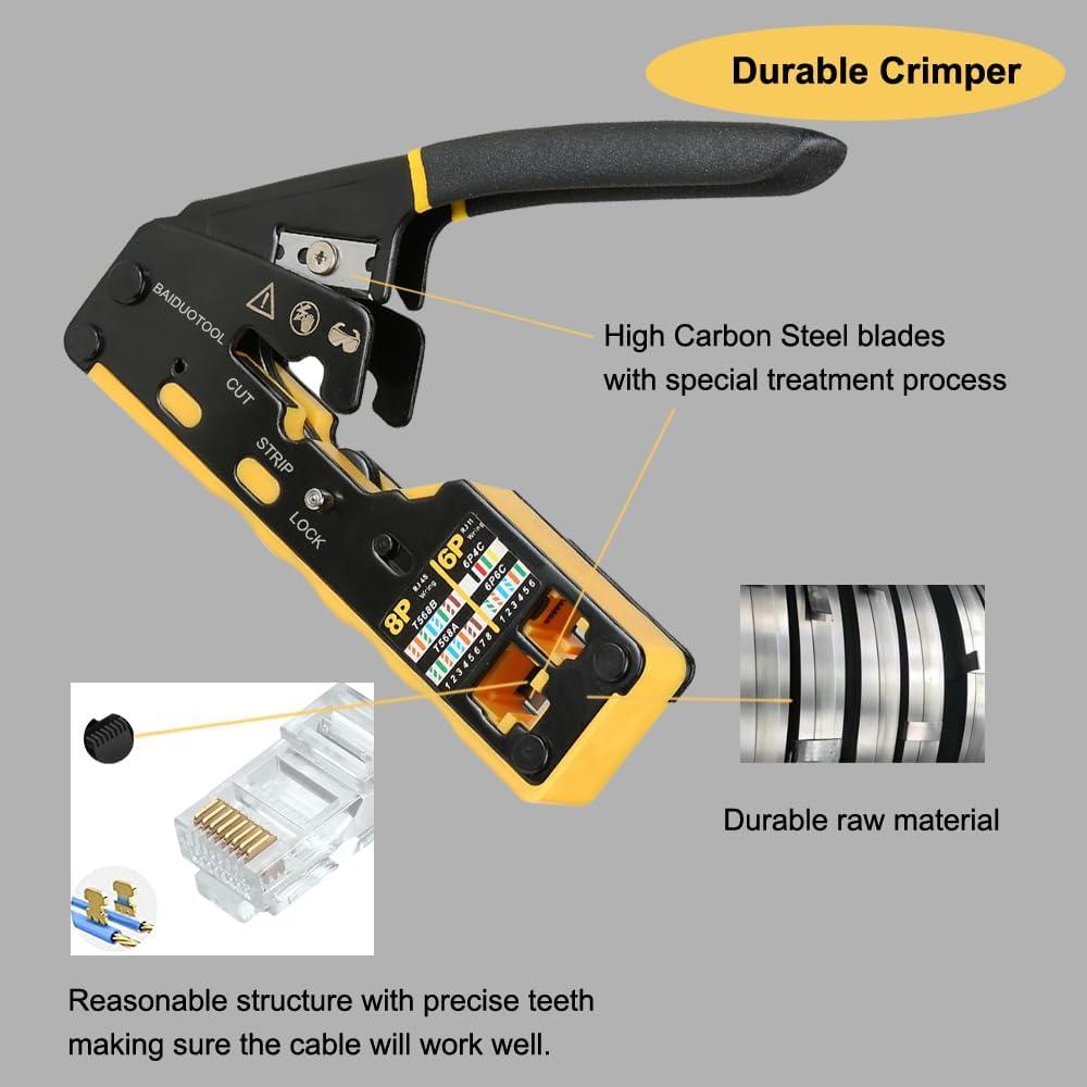 Kit Crimpadora RJ45 Pasante BAIDUOTOOL con Probador y Conectores