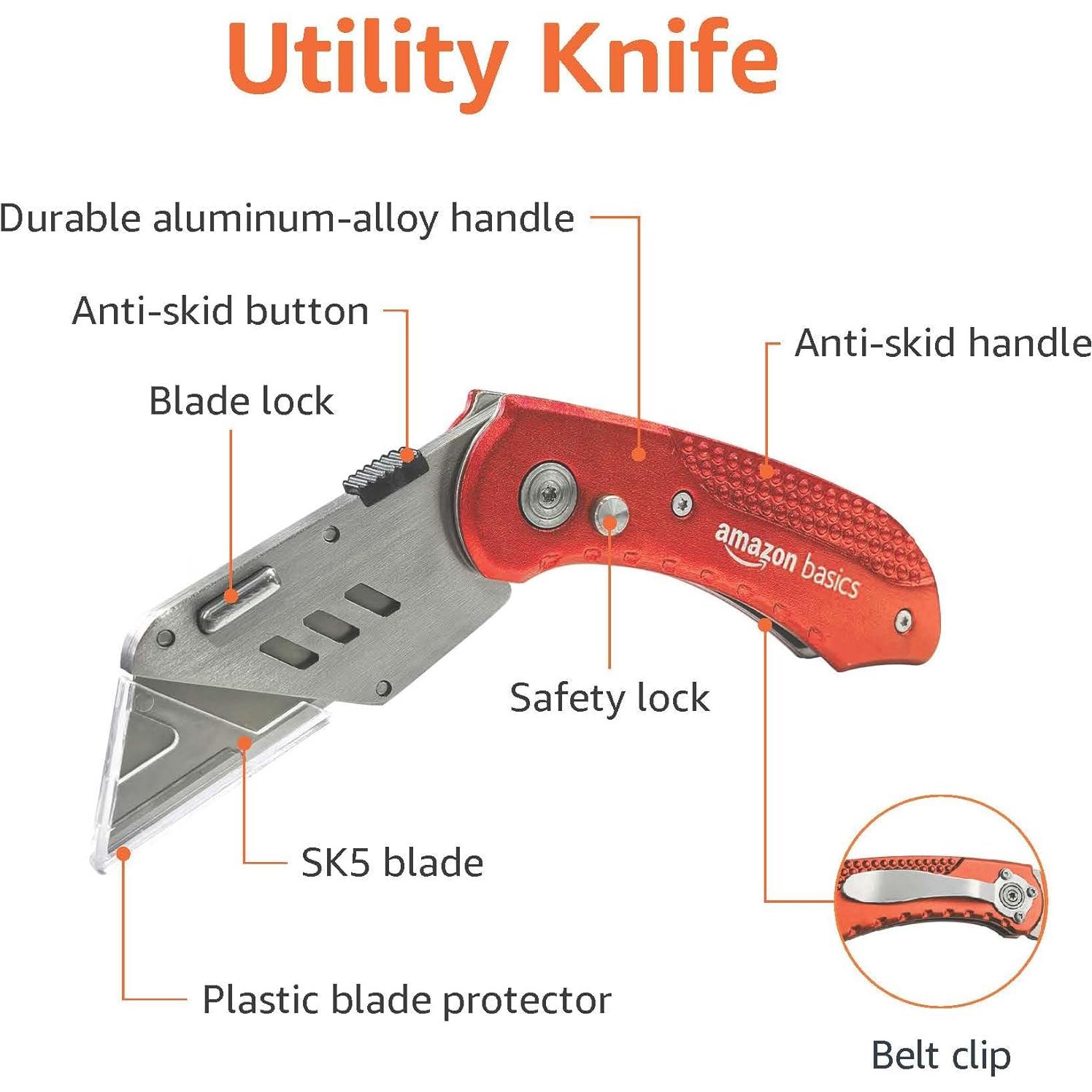 Cuchillo Utilitario Plegable Amazon Basics, Aluminio Rojo