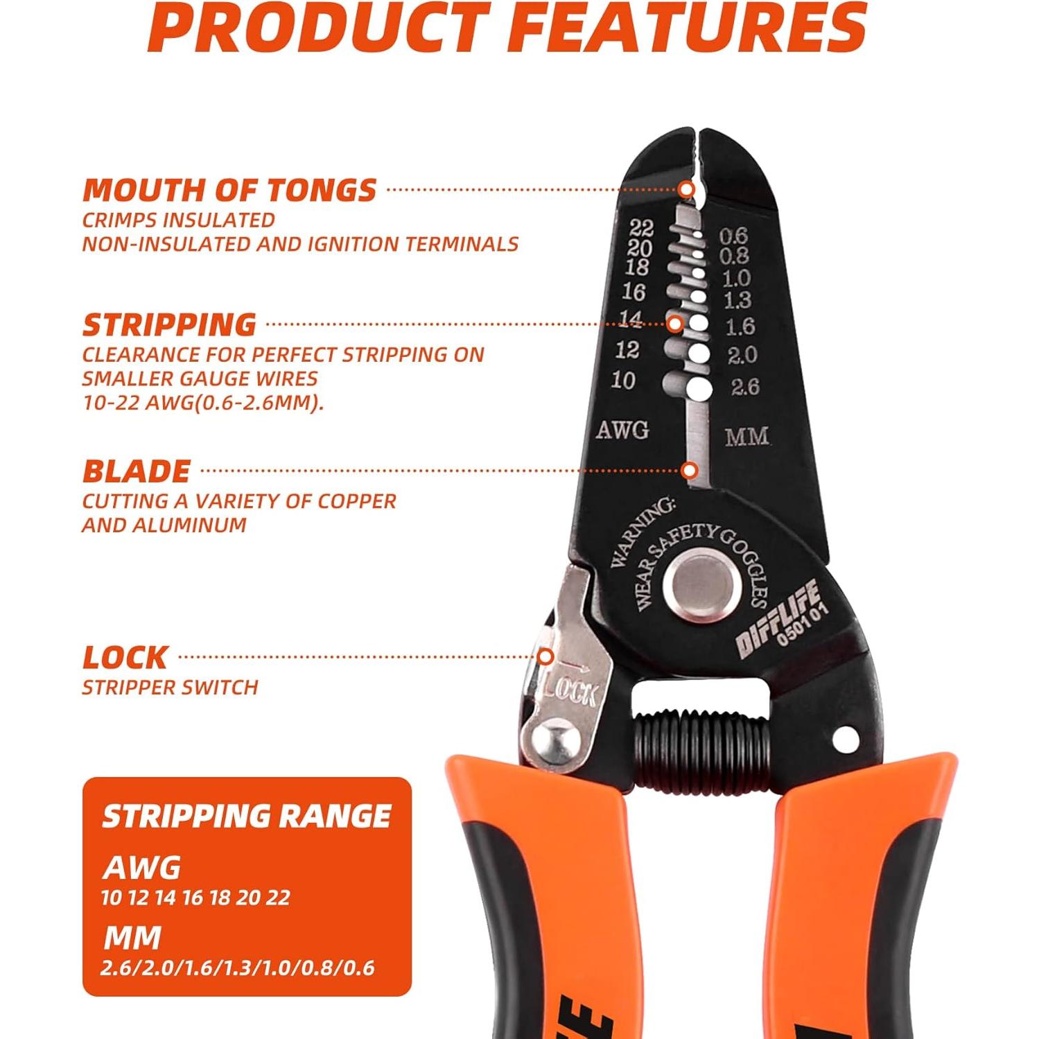 Cortador de Pelacables DIFFLIFE 10-22 AWG, Mango Ergonómico