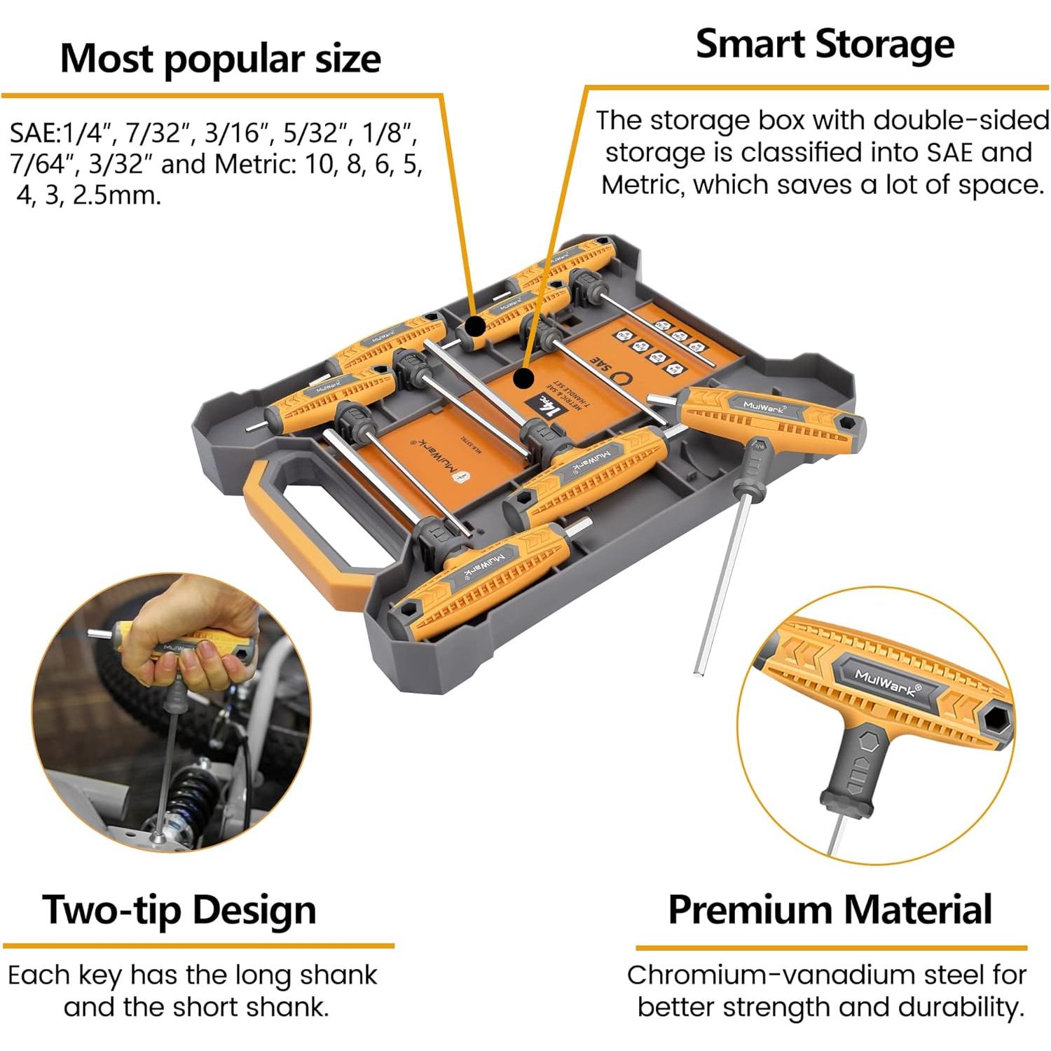 Juego de Llaves Allen T-handle 14 Piezas Mulwark Métricas y SAE
