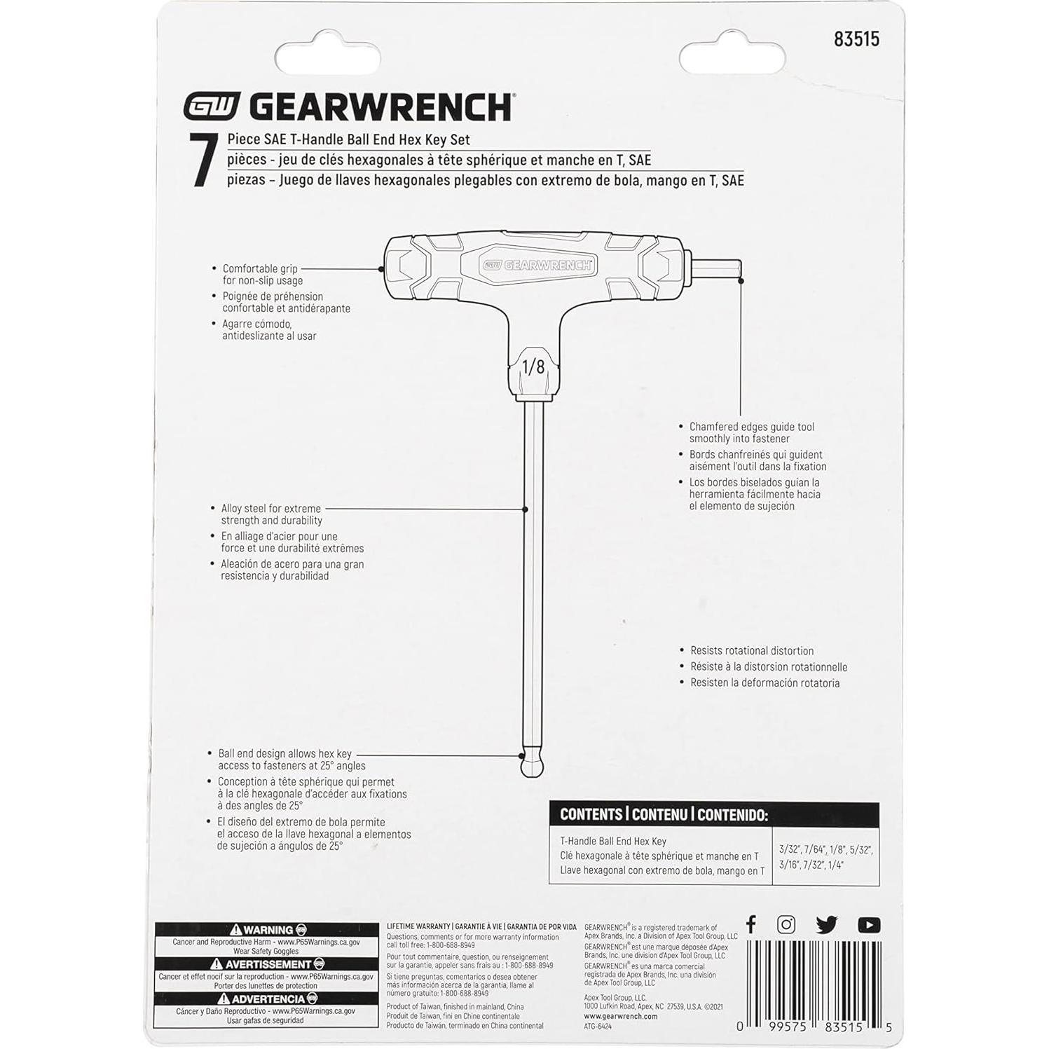 Juego de Llaves Hexagonales T-Handle GEARWRENCH 7 Piezas