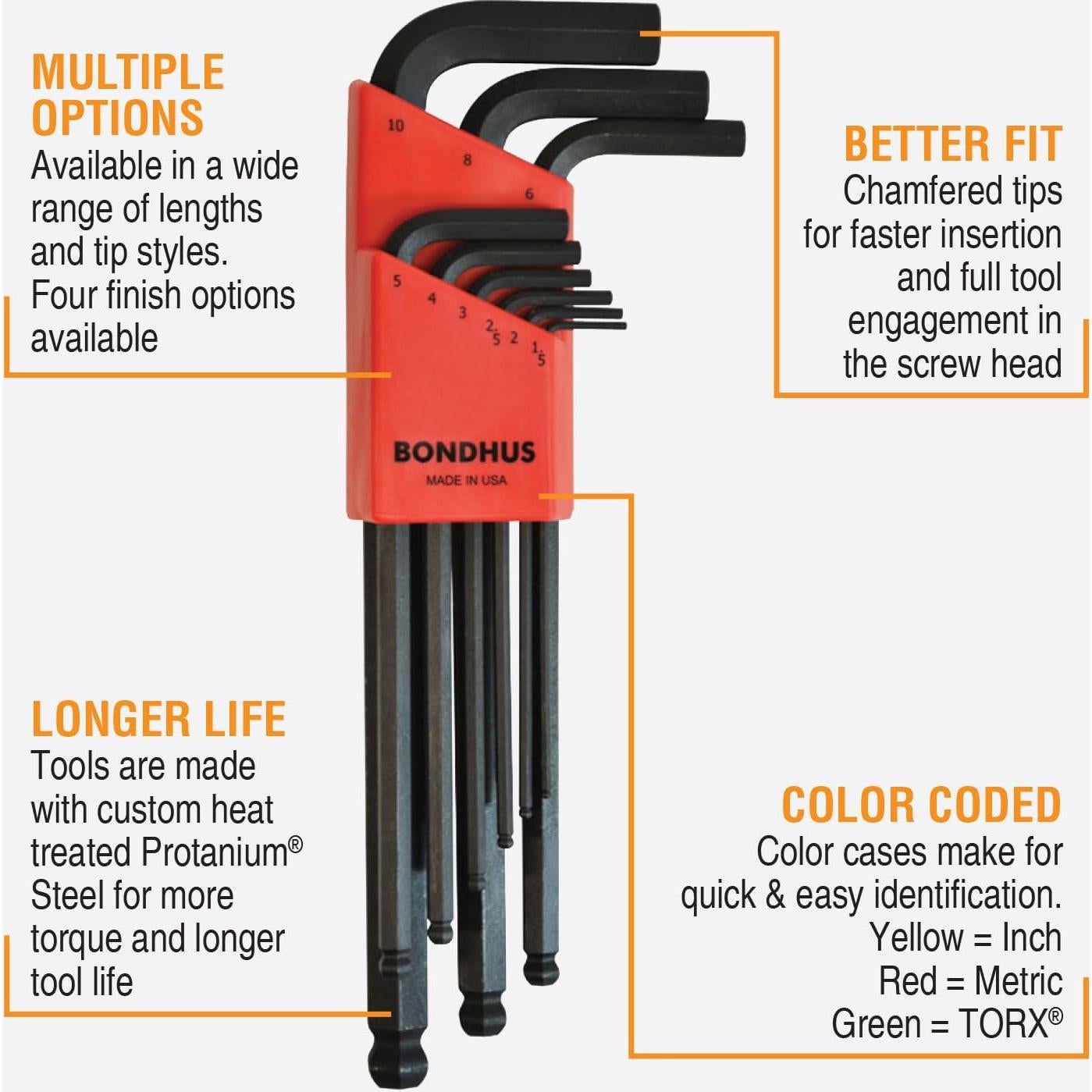 Juego de 9 Llaves L Bondhus 10999 Punta Esférica 1.5-10mm