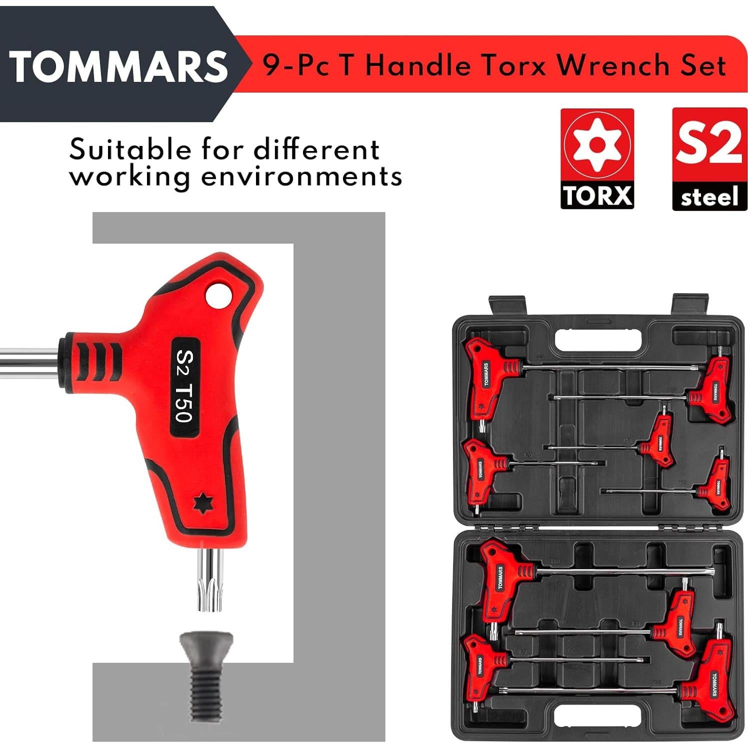 Juego de Llaves Torx T Manual 9PC TOMMARS Acero S2 T10-T50