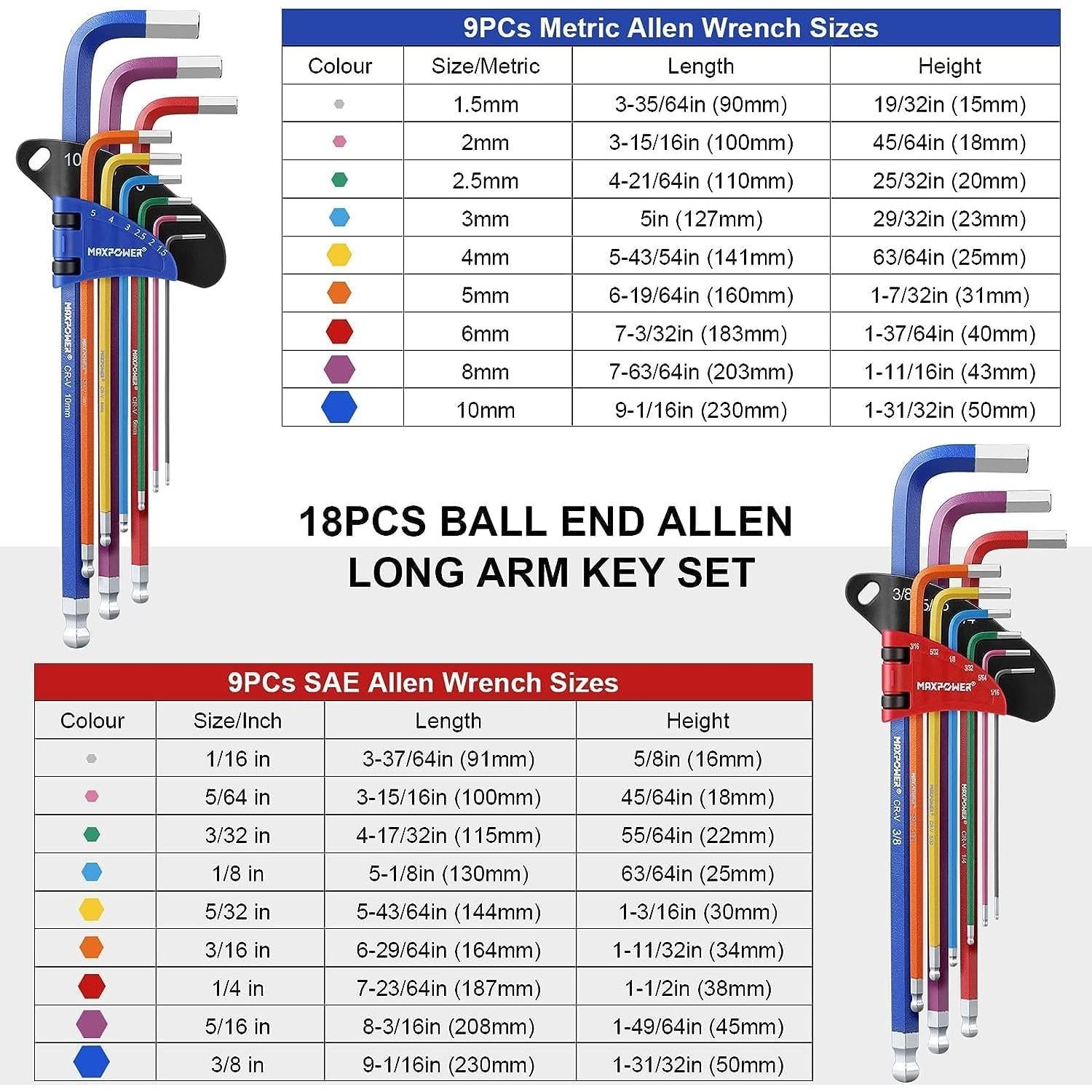 Juego de Llaves Allen MAXPOWER 18 Piezas Acero Cromo Vanadio