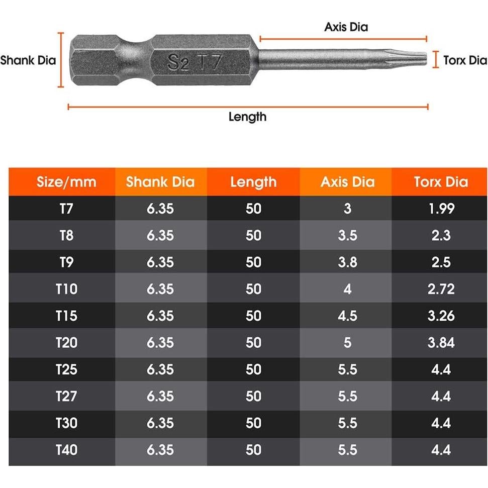Juego de 10 Puntas de Destornillador Torx VAKOGAL Acero S2
