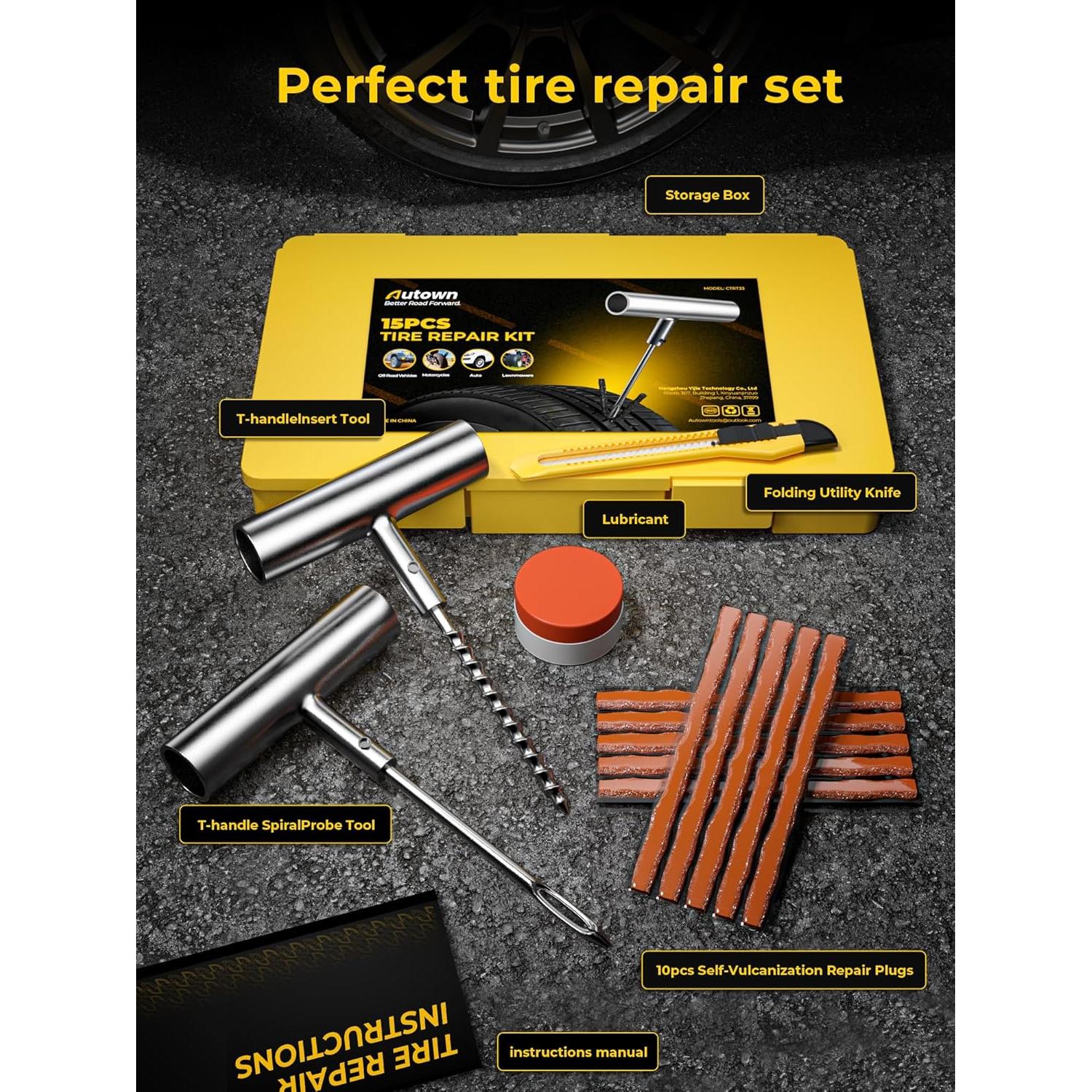 Kit de Reparación de Neumáticos AUTOWN 15 Piezas - Sellador 0.47L