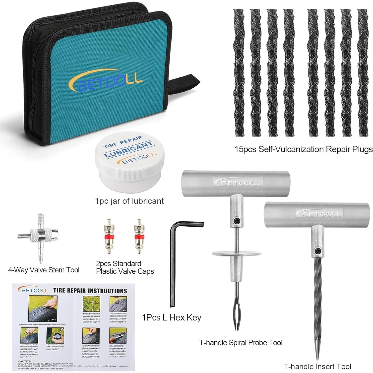 Kit de Reparación de Llantas BETOOLL 24 Pcs Universal para Coches y Motos