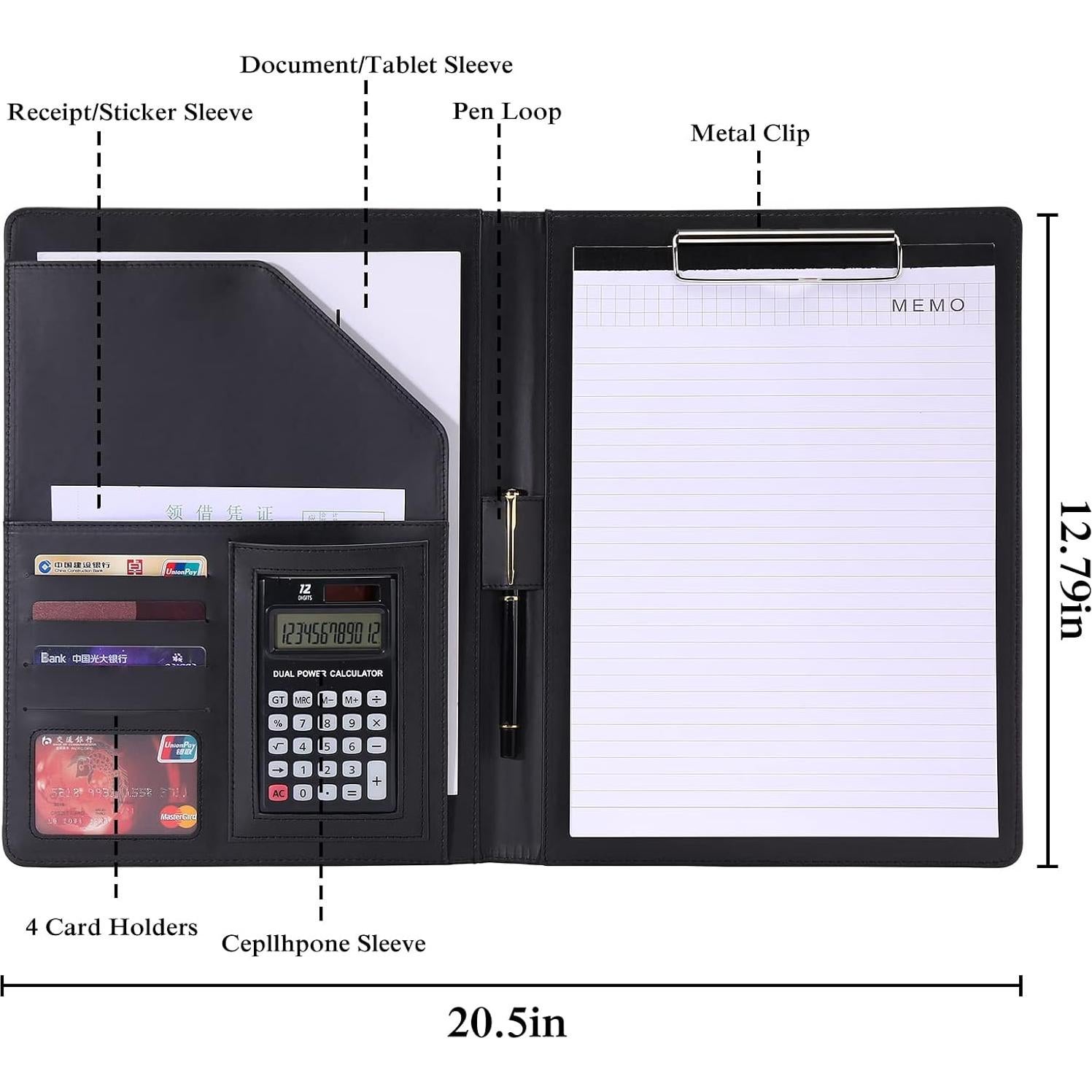 Carpeta Portafolio RHCSZ A4 Cuero Sintético Negro con Clip