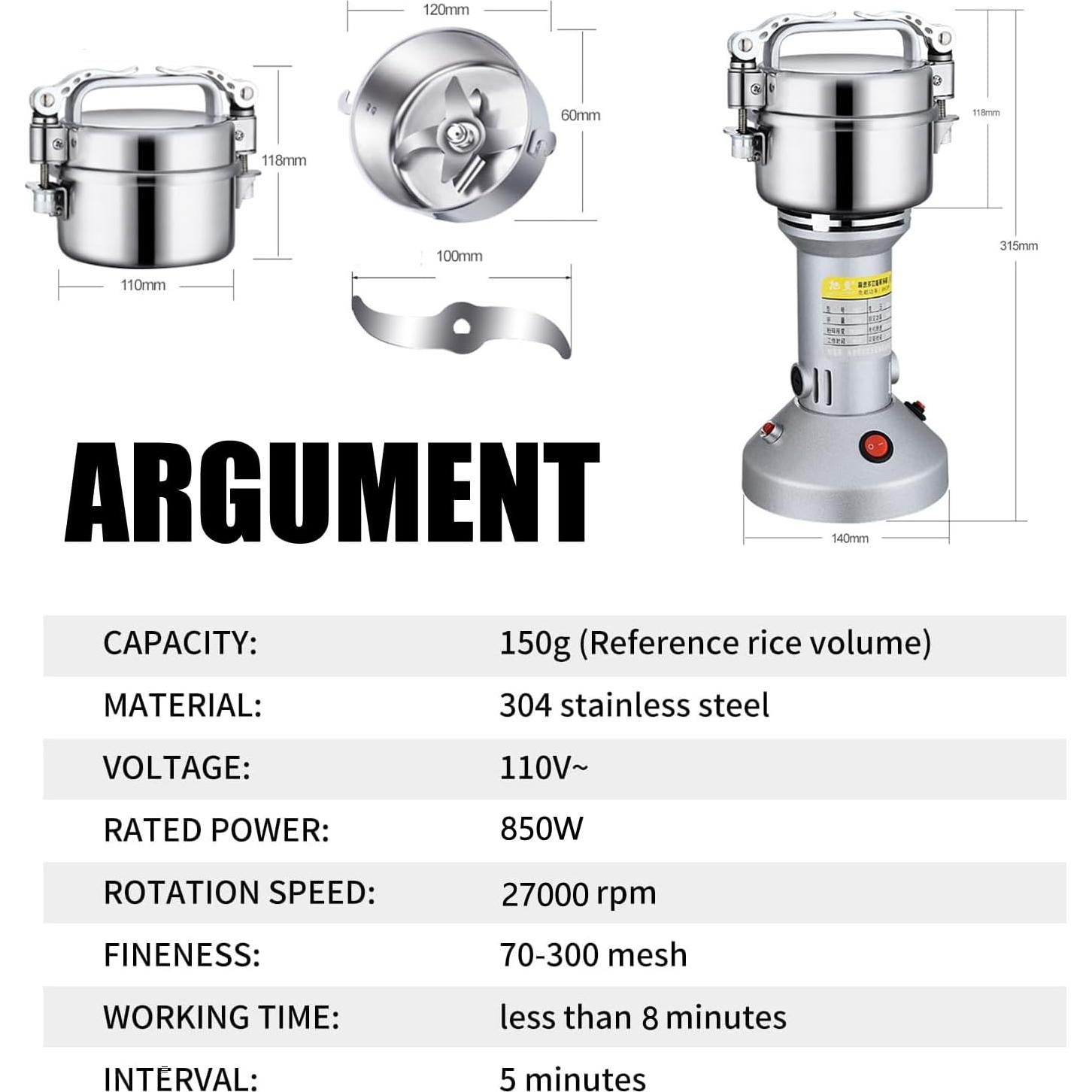 Molinillo Eléctrico de Granos SLONUVLND 150g 850W Acero Inoxidable