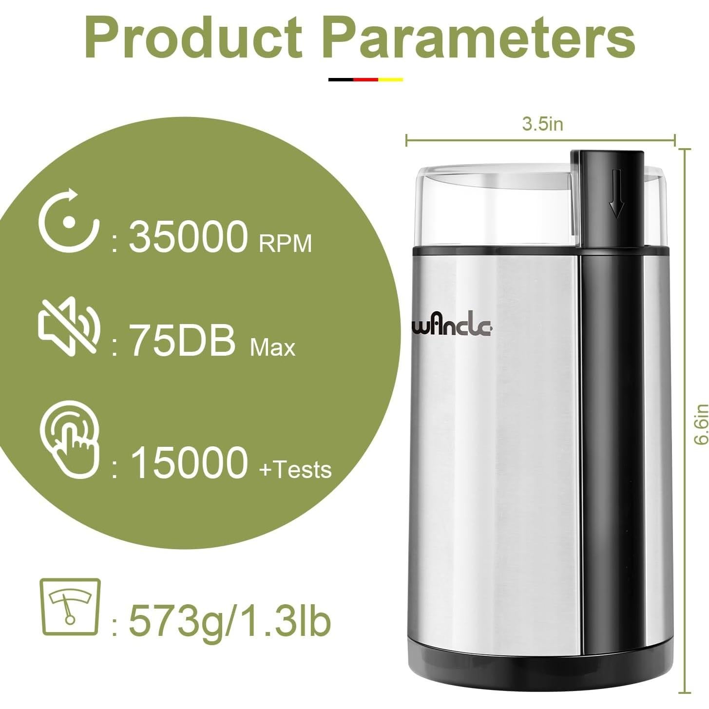 Molino de Café Eléctrico Wancle 150W Acero Inoxidable 0.62kg