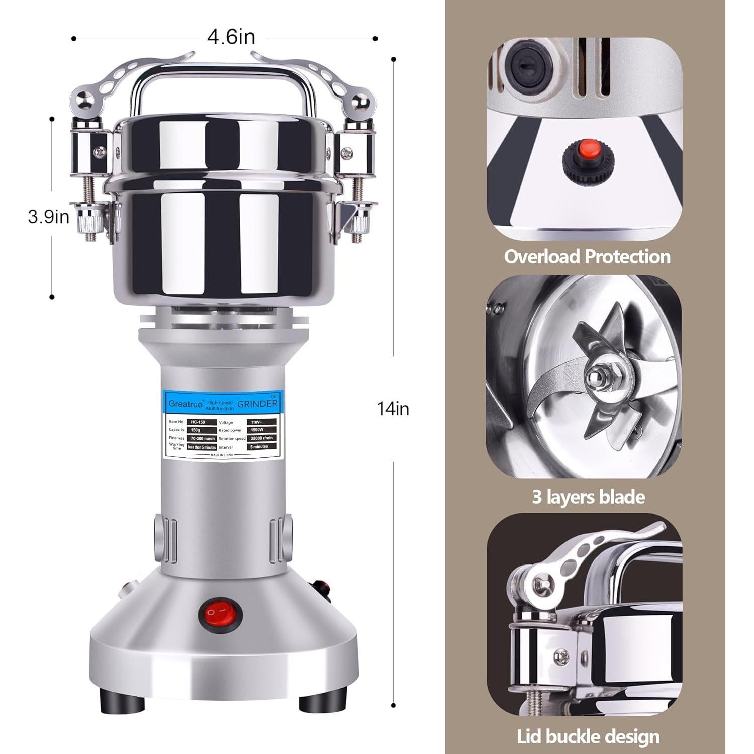 Molino de Granos Eléctrico Greatrue 150g Acero Inoxidable