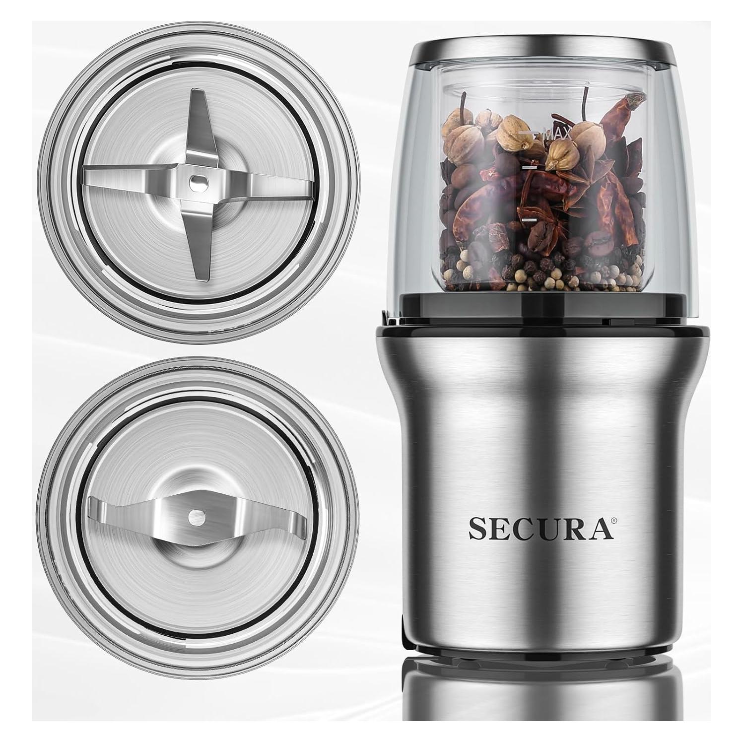 Molino de Café Secura Eléctrico 200W con 2 Tazones de Vidrio