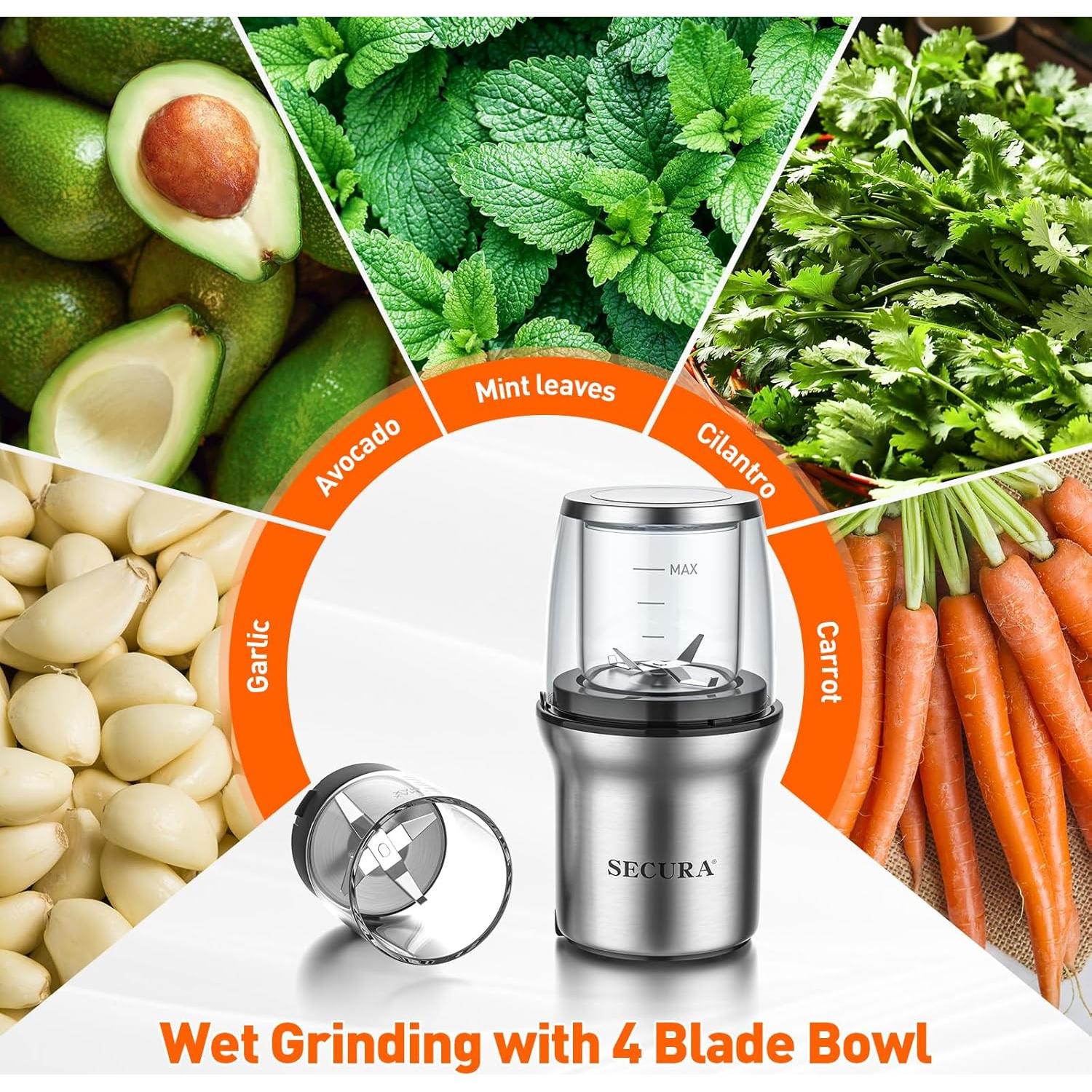 Molino de Café Secura Eléctrico 200W con 2 Tazones de Vidrio