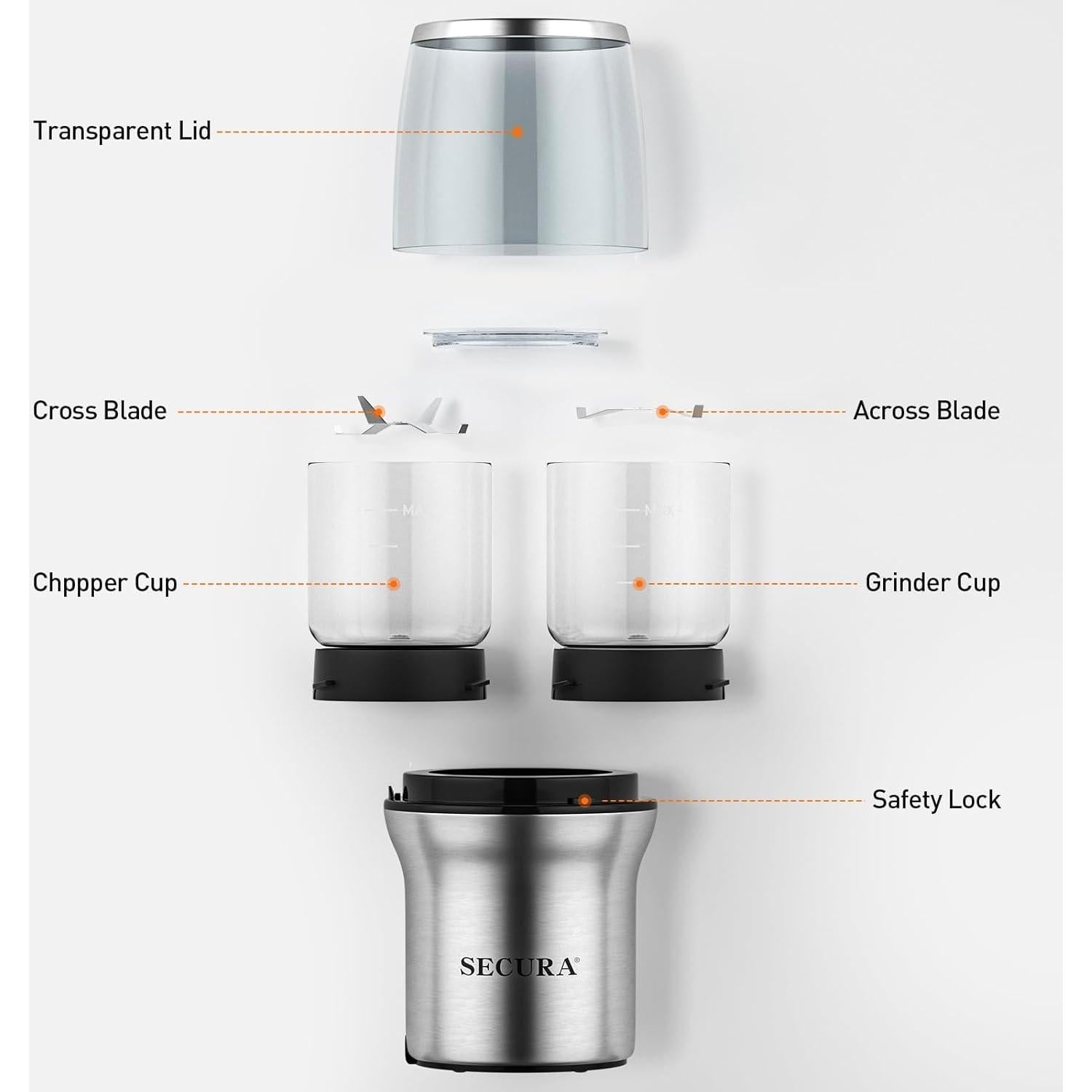 Molino de Café Secura Eléctrico 200W con 2 Tazones de Vidrio