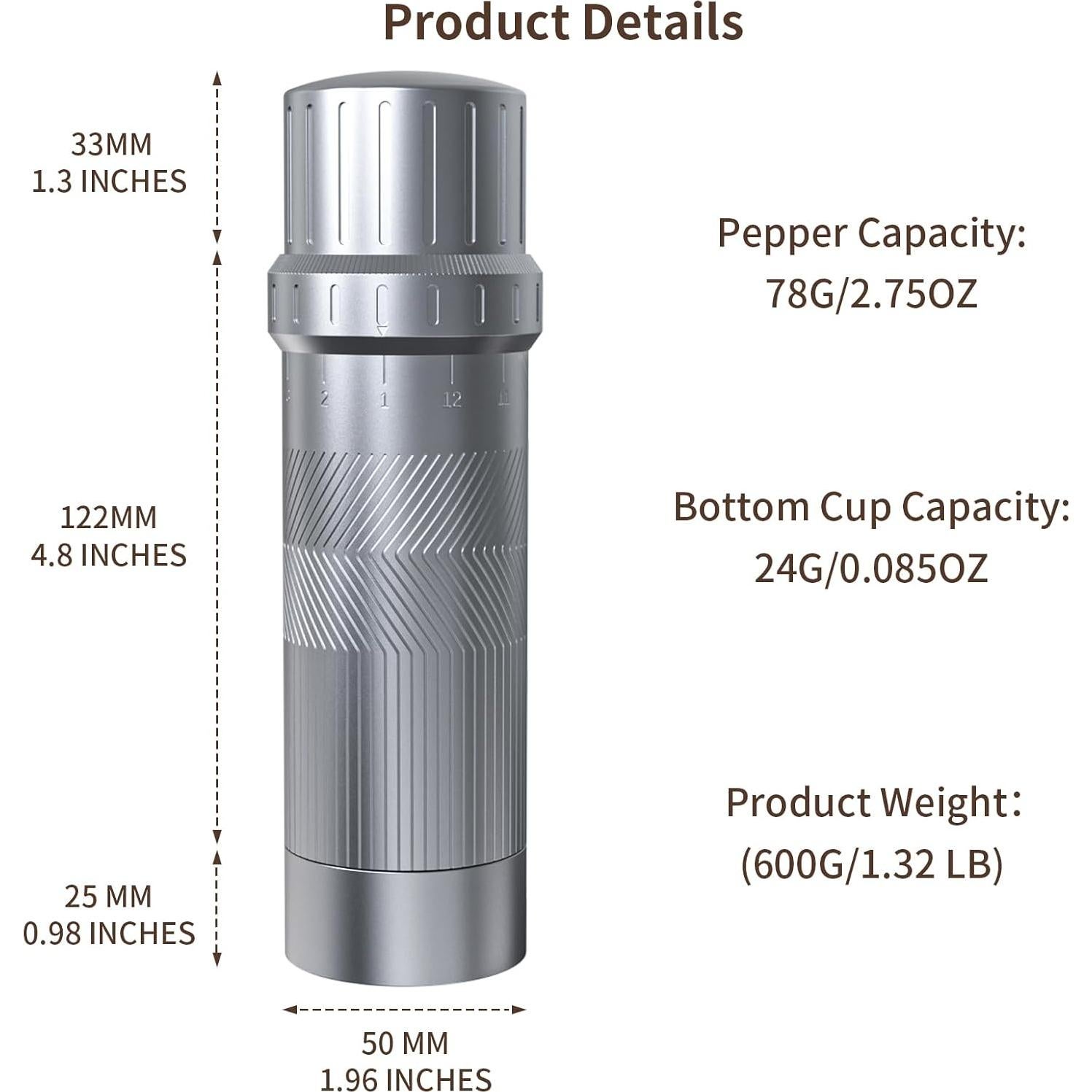 Molino de Pimienta Manual Luvan Gris, Ajustable, Aluminio y Acero