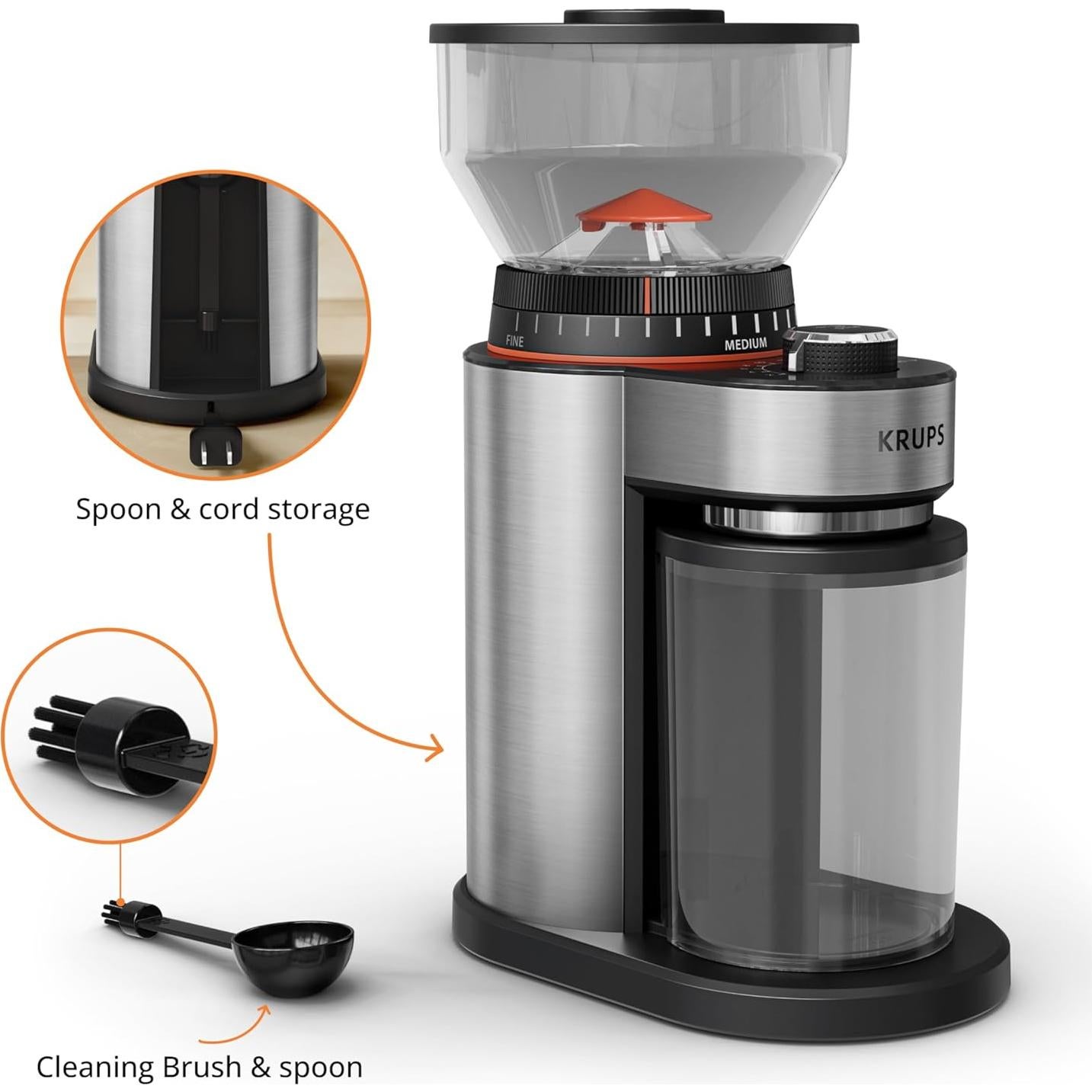 Molinillo de Café KRUPS GX450DU0, Acero Inoxidable, 18 Configuraciones