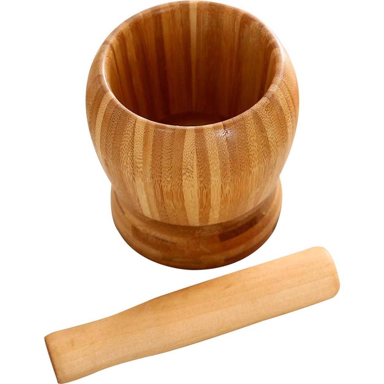 Mortero y Pilón de Bambú Mantouxixi 12x10cm Herramienta de Cocina