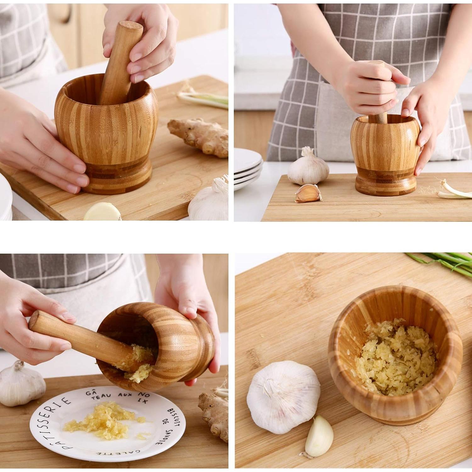 Mortero y Pilón de Bambú Mantouxixi 12x10cm Herramienta de Cocina