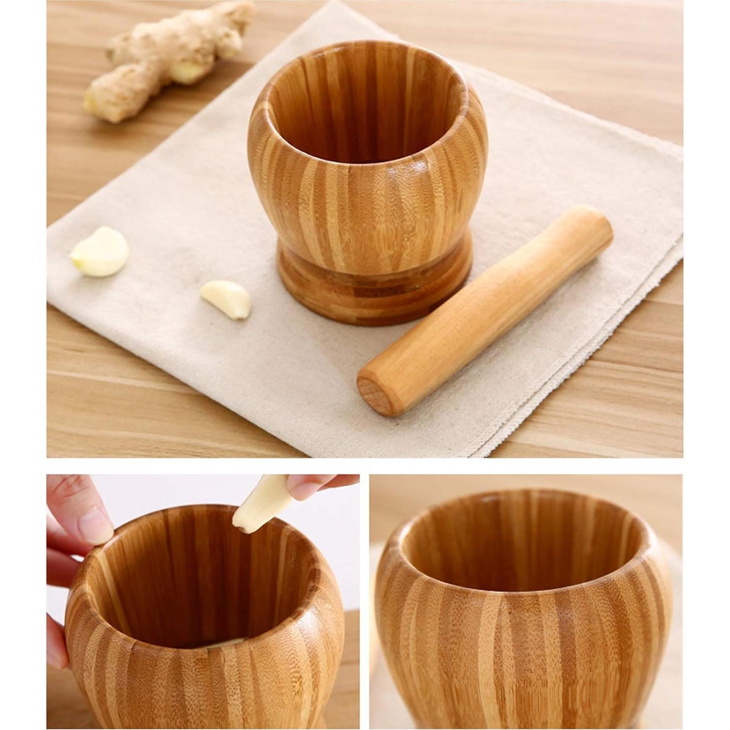 Mortero y Pilón de Bambú Mantouxixi 12x10cm Herramienta de Cocina
