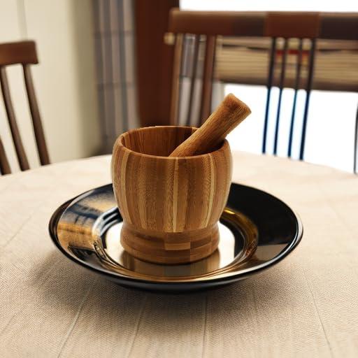 Mortero y Pilón de Bambú Mantouxixi 12x10cm Herramienta de Cocina