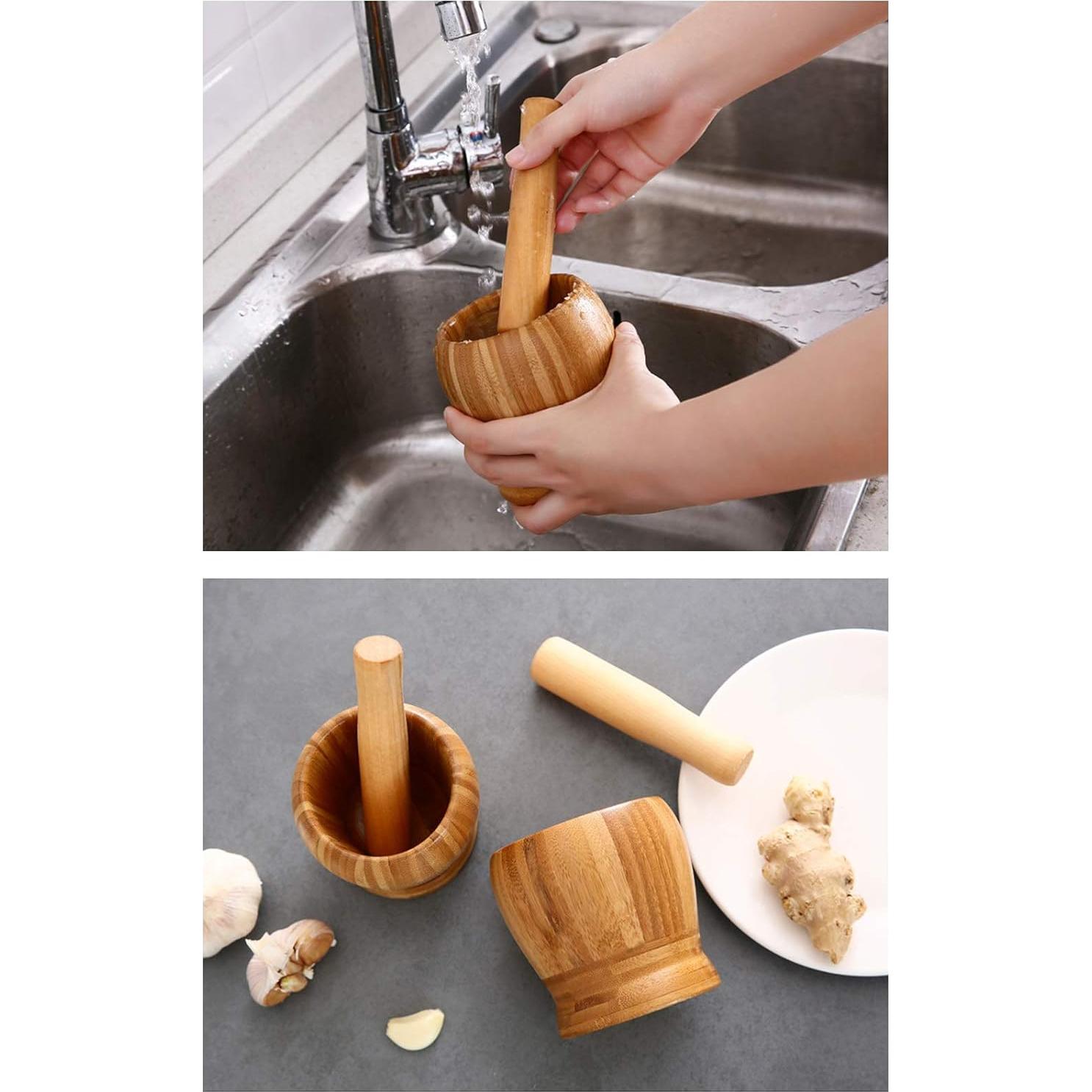 Mortero y Pilón de Bambú Mantouxixi 12x10cm Herramienta de Cocina