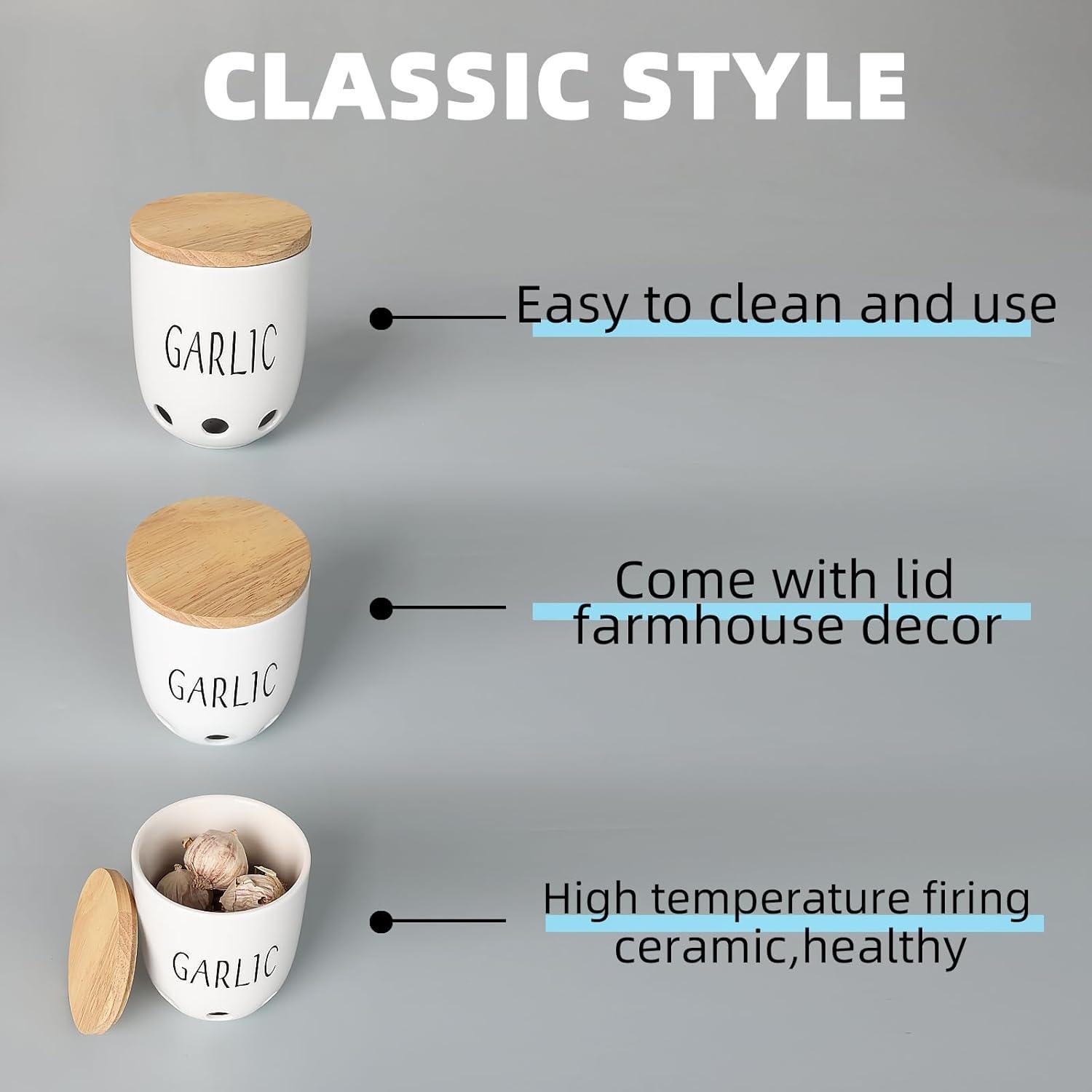 Contenedor de Ajo Cerámica HAOTOP con Tapa de Madera 422g