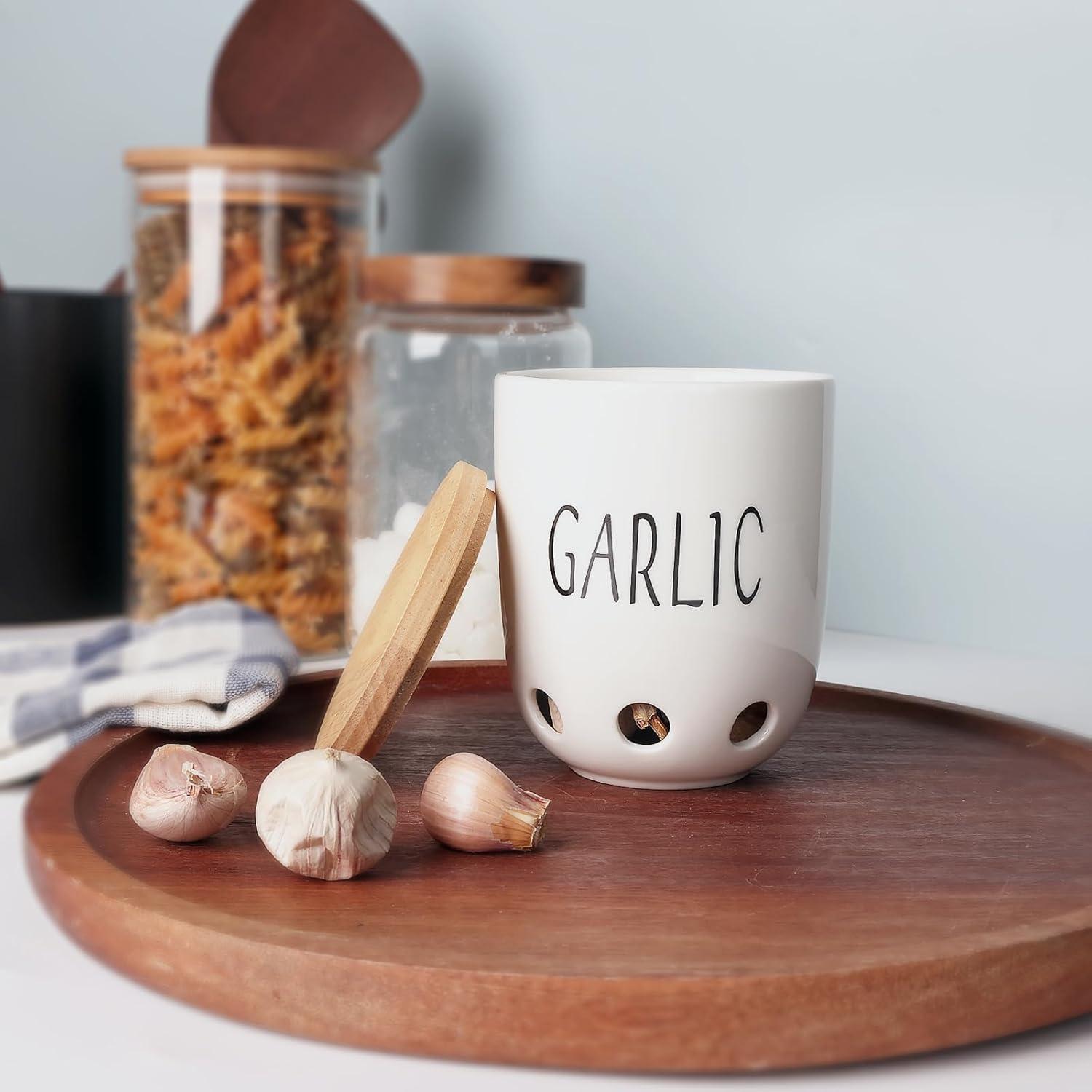 Contenedor de Ajo Cerámica HAOTOP con Tapa de Madera 422g