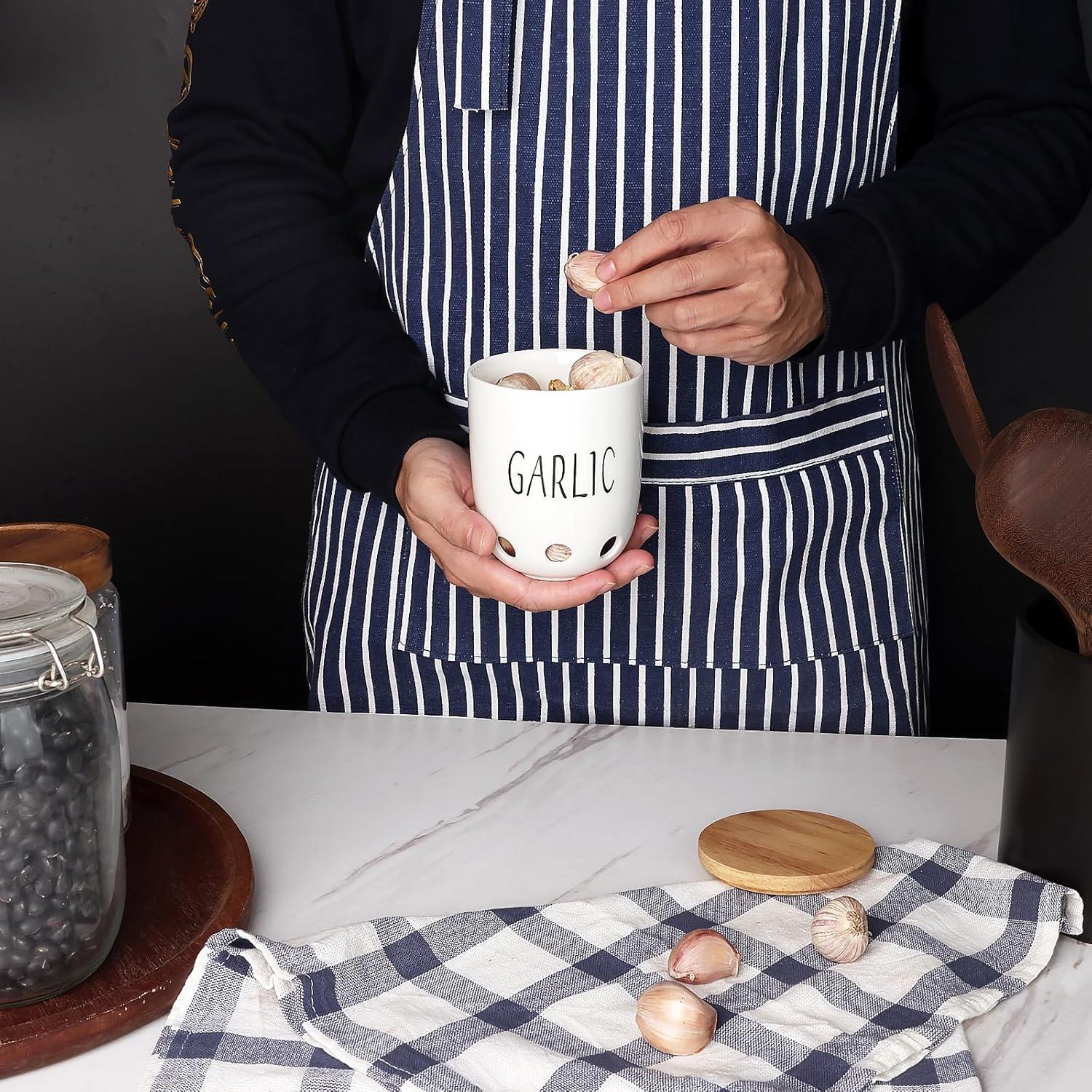 Contenedor de Ajo Cerámica HAOTOP con Tapa de Madera 422g
