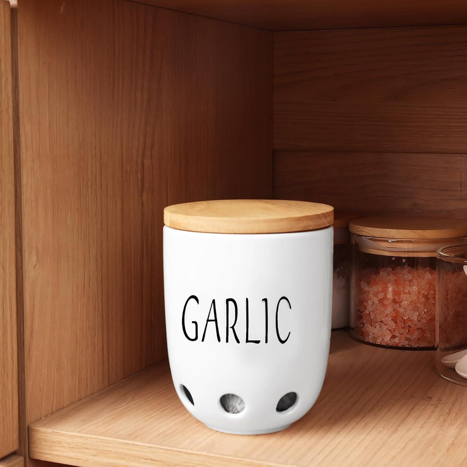 Contenedor de Ajo Cerámica HAOTOP con Tapa de Madera 422g