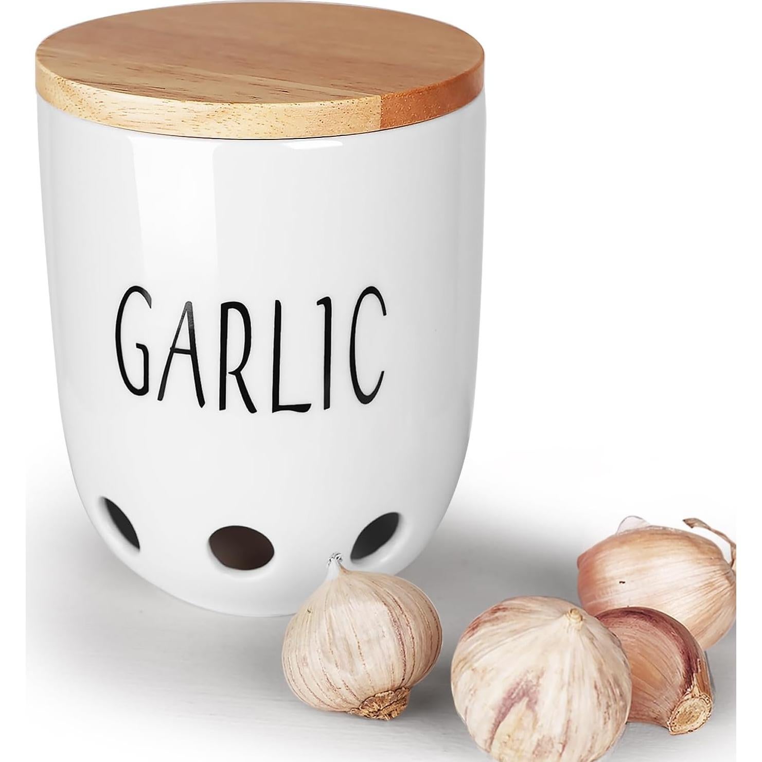 Contenedor de Ajo Cerámica HAOTOP con Tapa de Madera 422g