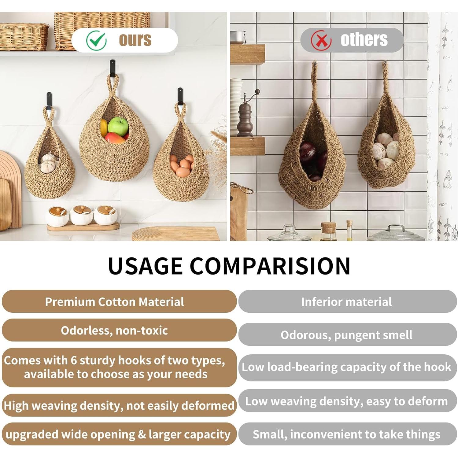 Cestas Colgantes de Algodón INJORAN - Paquete de 3 con Ganchos