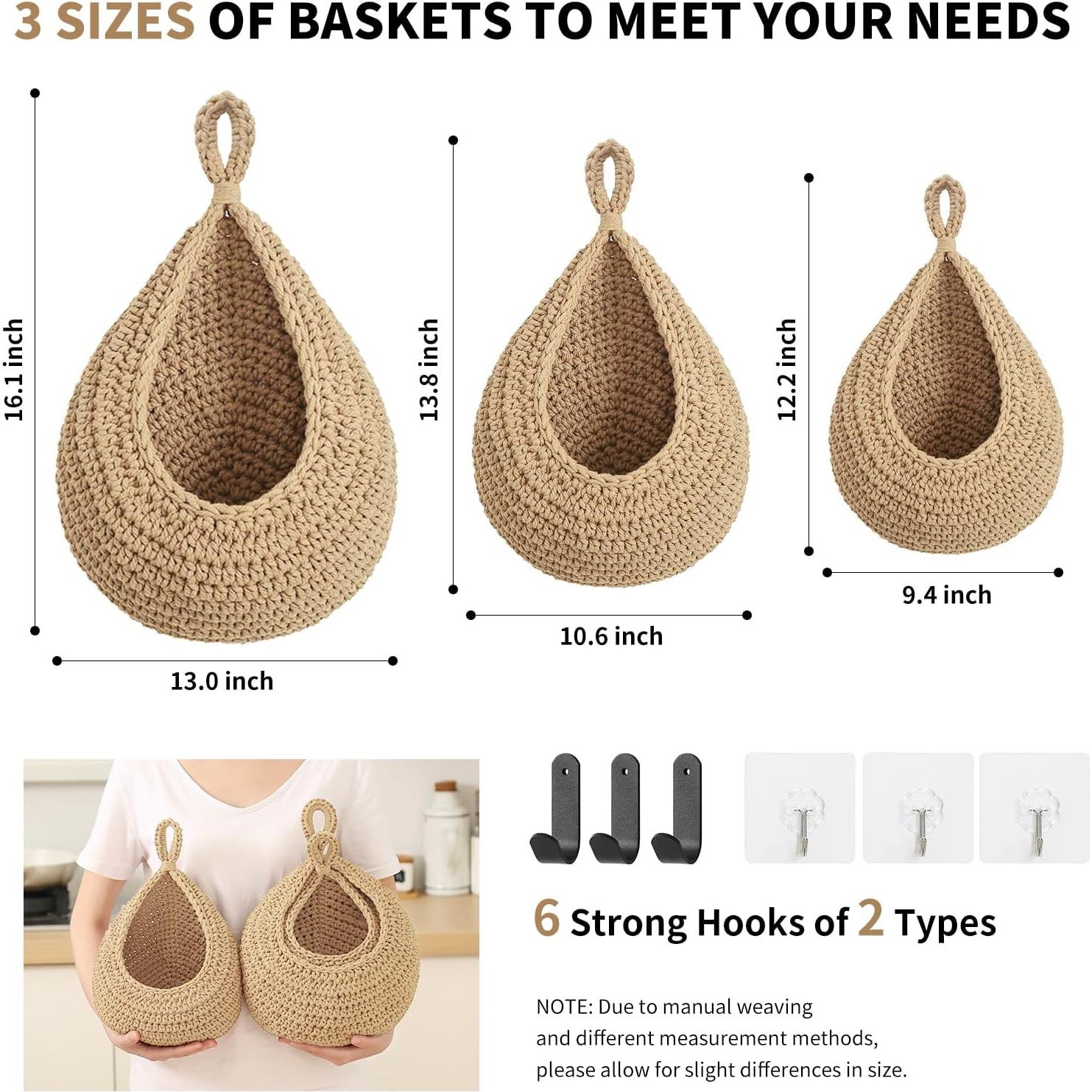 Cestas Colgantes de Algodón INJORAN - Paquete de 3 con Ganchos