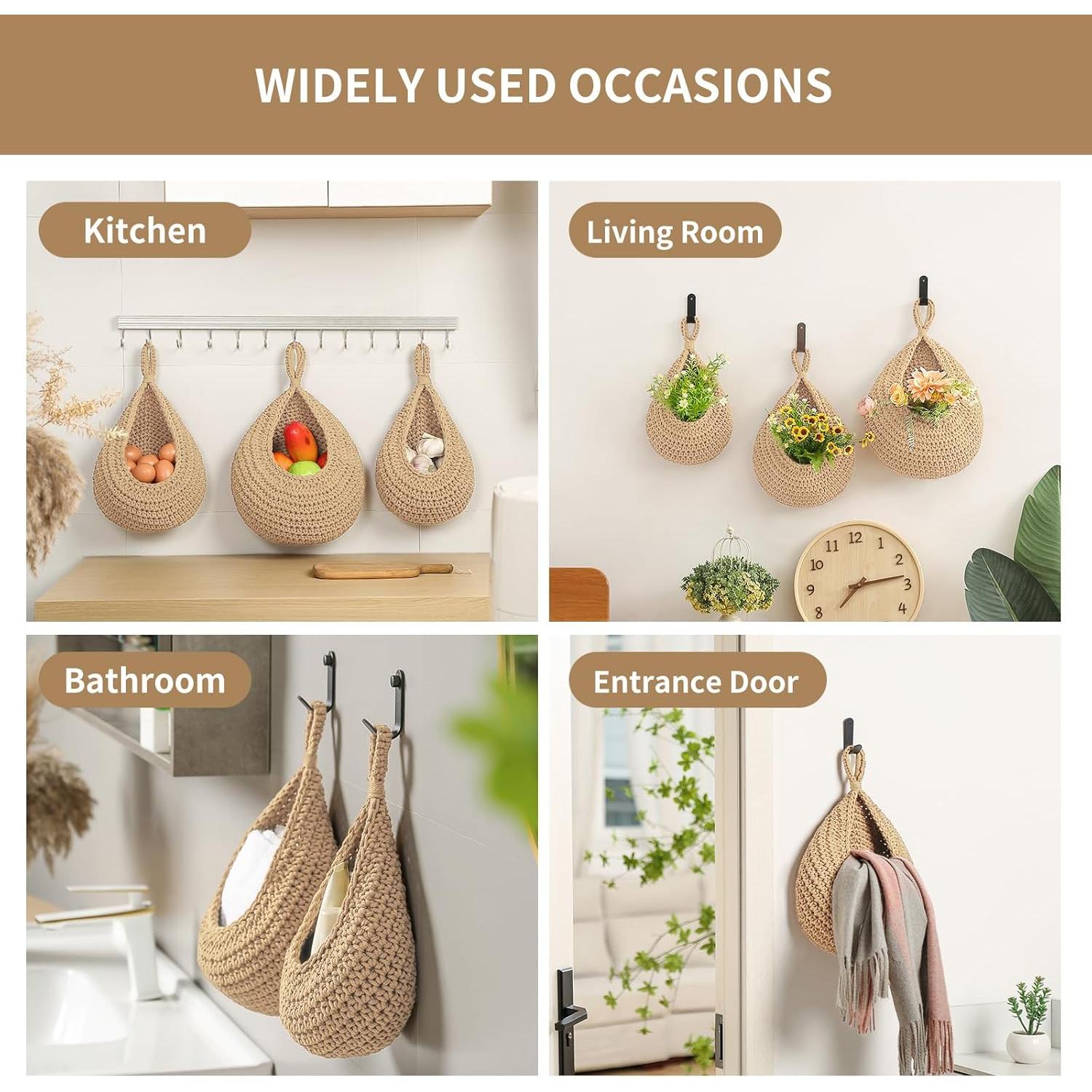 Cestas Colgantes de Algodón INJORAN - Paquete de 3 con Ganchos