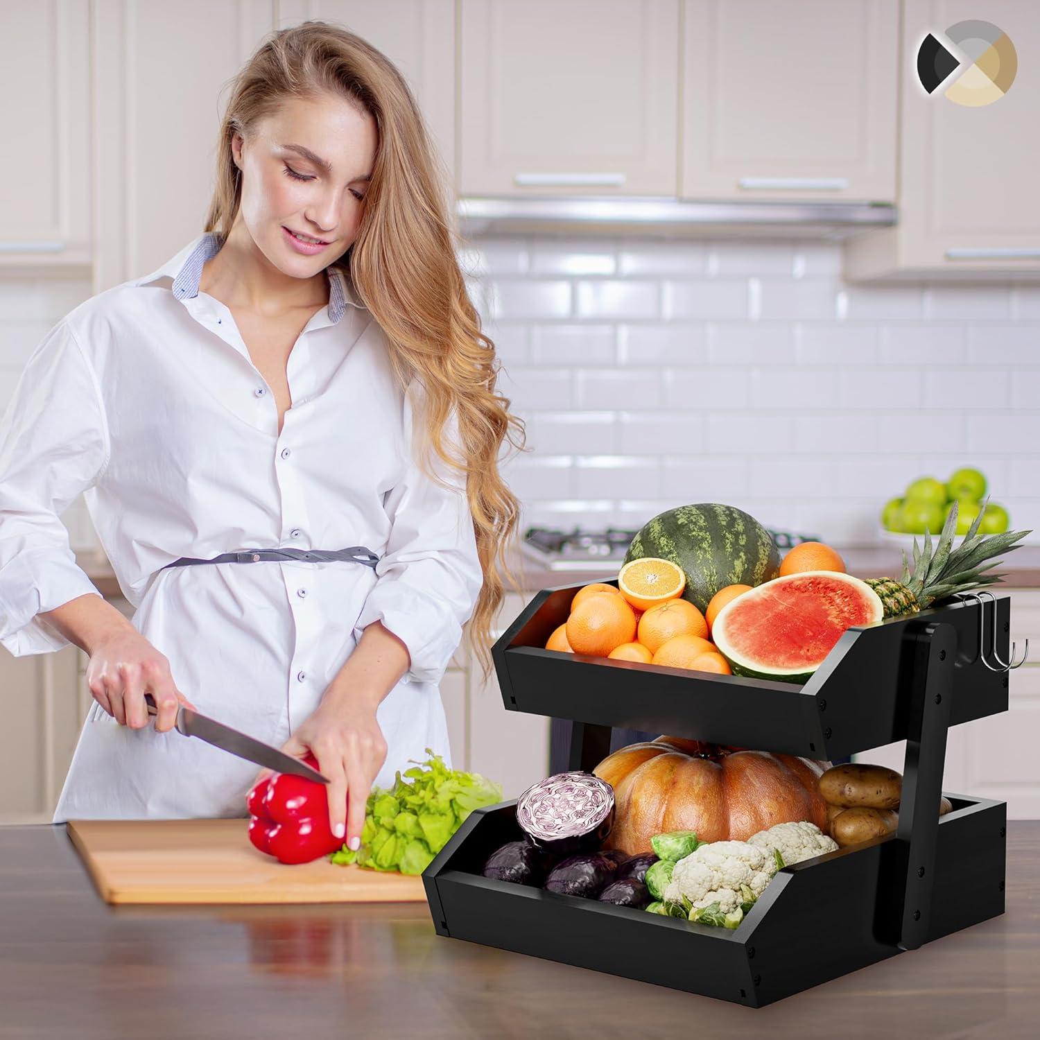 Cesta de Frutas de Bambú Hellojin 2 Niveles con Ganchos