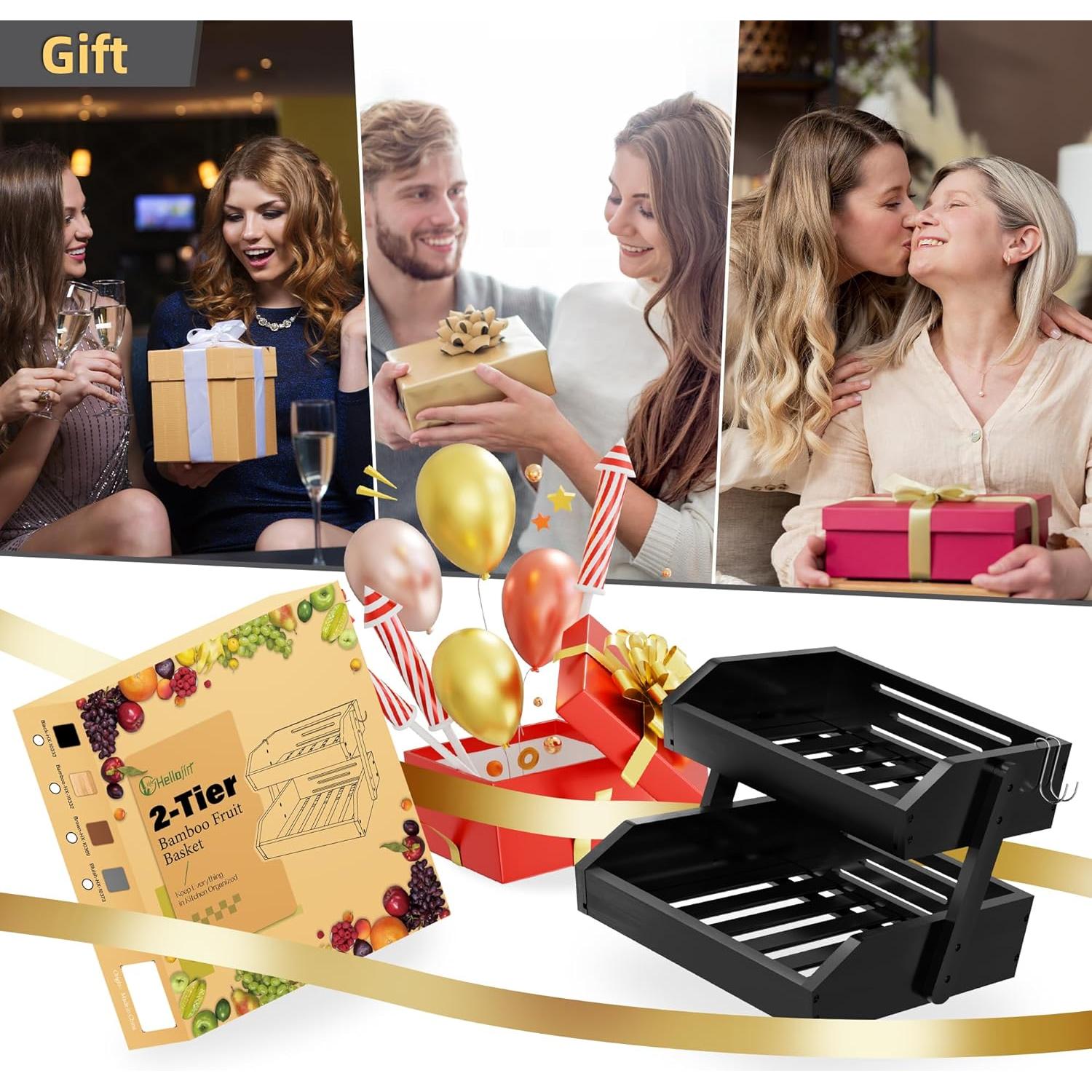 Cesta de Frutas de Bambú Hellojin 2 Niveles con Ganchos