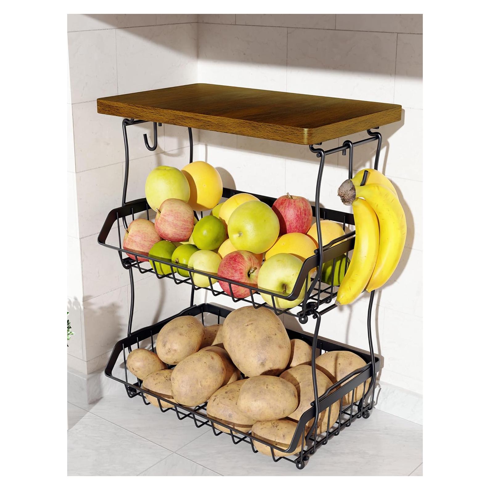 Cesta de Frutas 3 Niveles OKZEST con Tapa de Madera