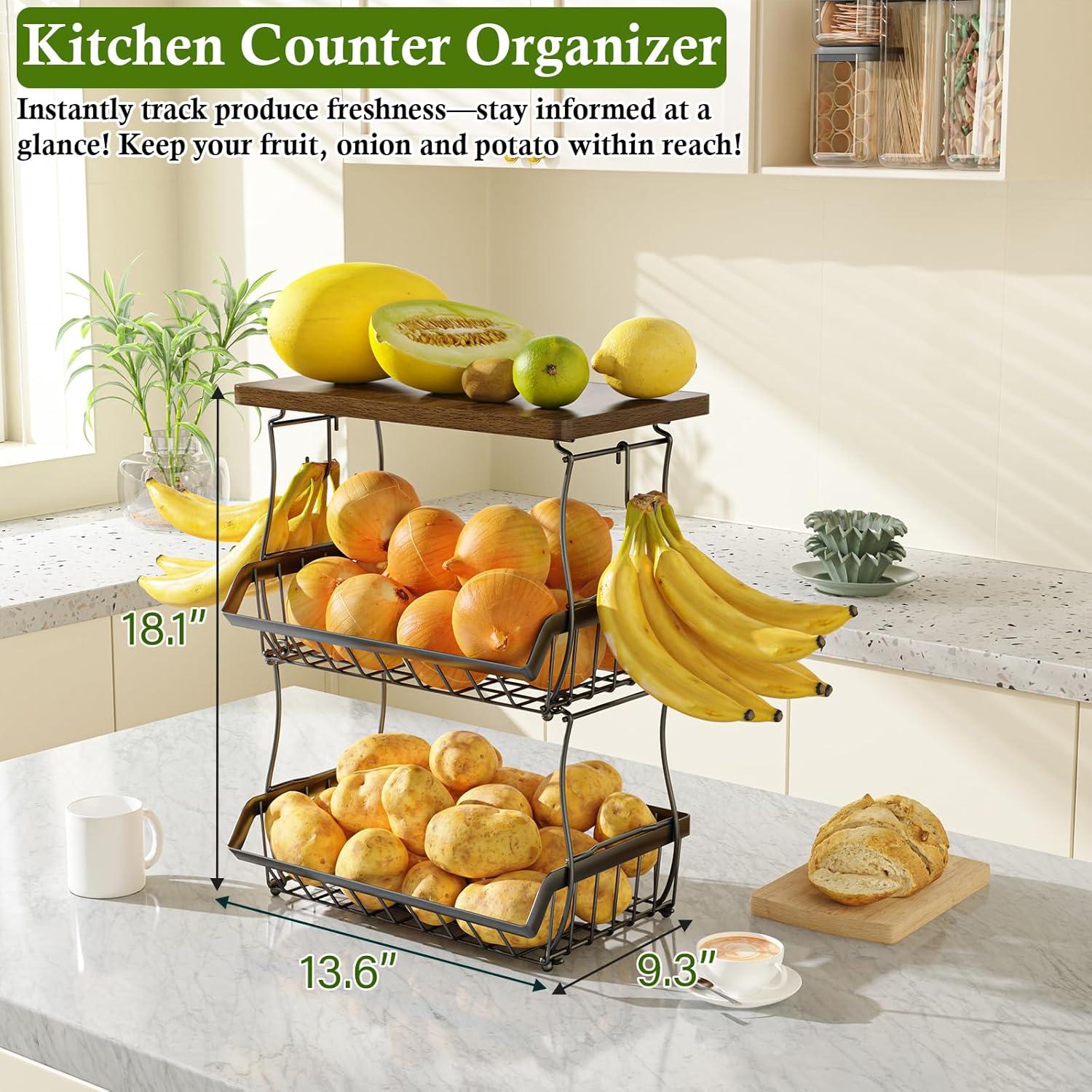 Cesta de Frutas 3 Niveles OKZEST con Tapa de Madera
