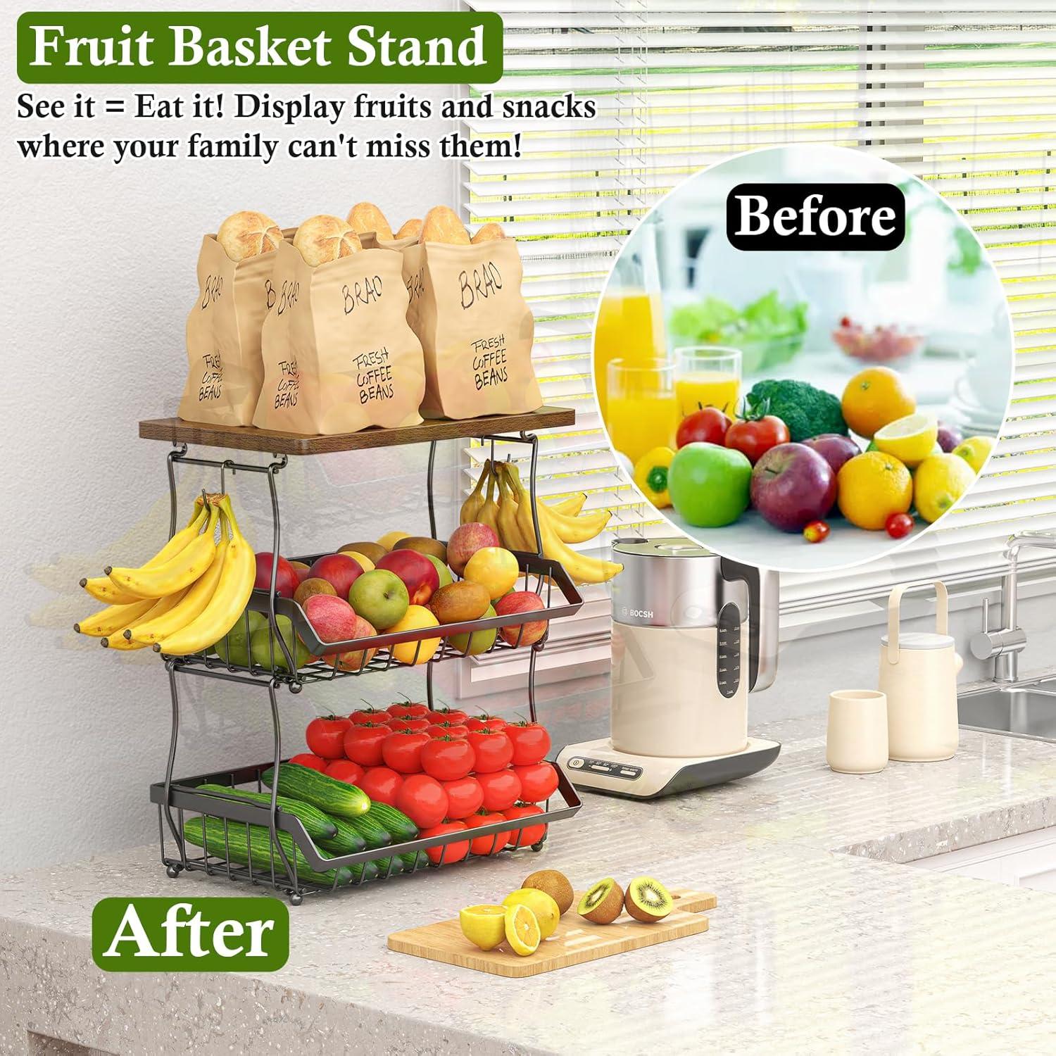 Cesta de Frutas 3 Niveles OKZEST con Tapa de Madera